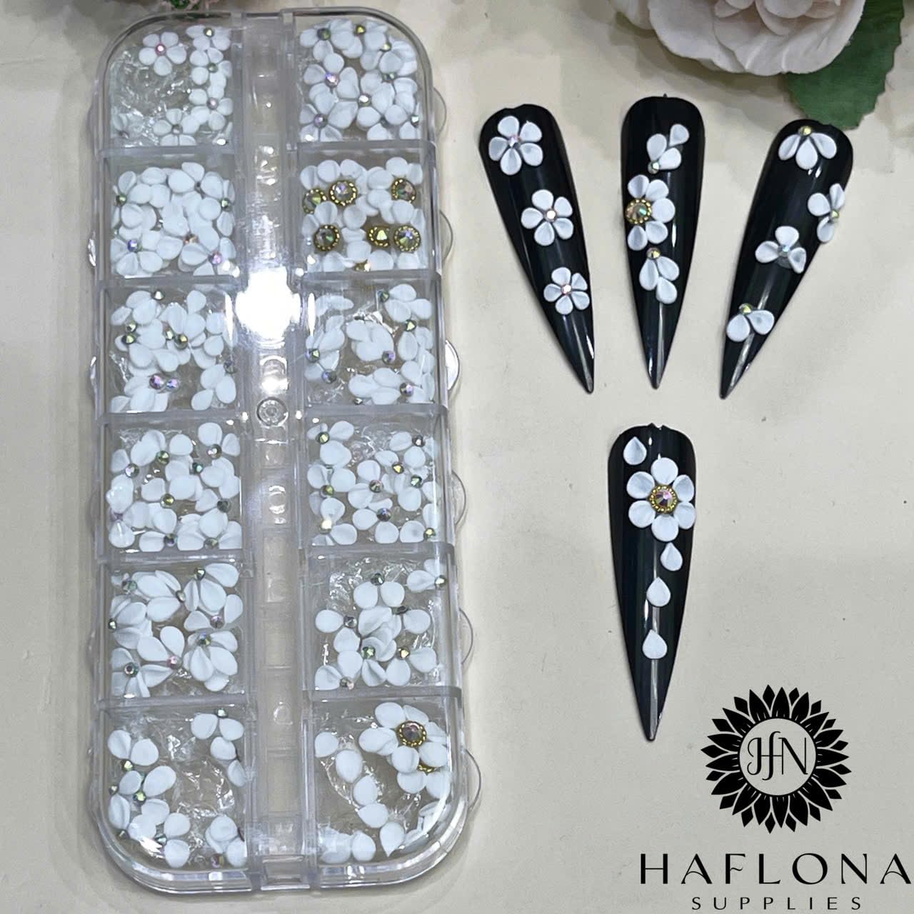 Set 132Pcs White 3D Flowers for Nails, Handmade 3D Acrylic Flowers for Nails, WeddingFlower Nail Charms Rhinestones Gems by Acrylic Powder Design Deco Nail Art Women Girls (Set White Mix 132)