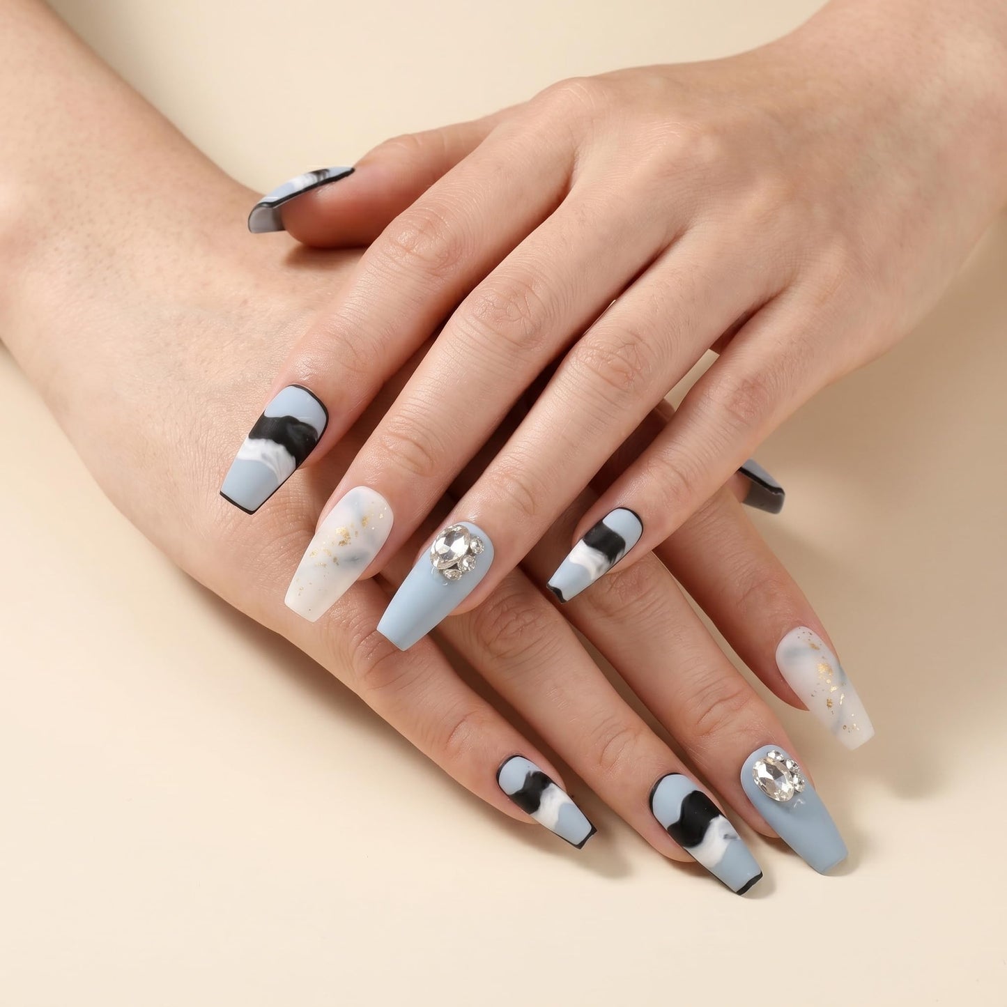 Sun&Beam Nails Handmade Long Coffin Ballerina Black Blue False Nail Tips with Cute 3D Diamond Popular Charm Design Press On Nails 10 Pcs (#71 M) (FN-HM-071-M.AU)