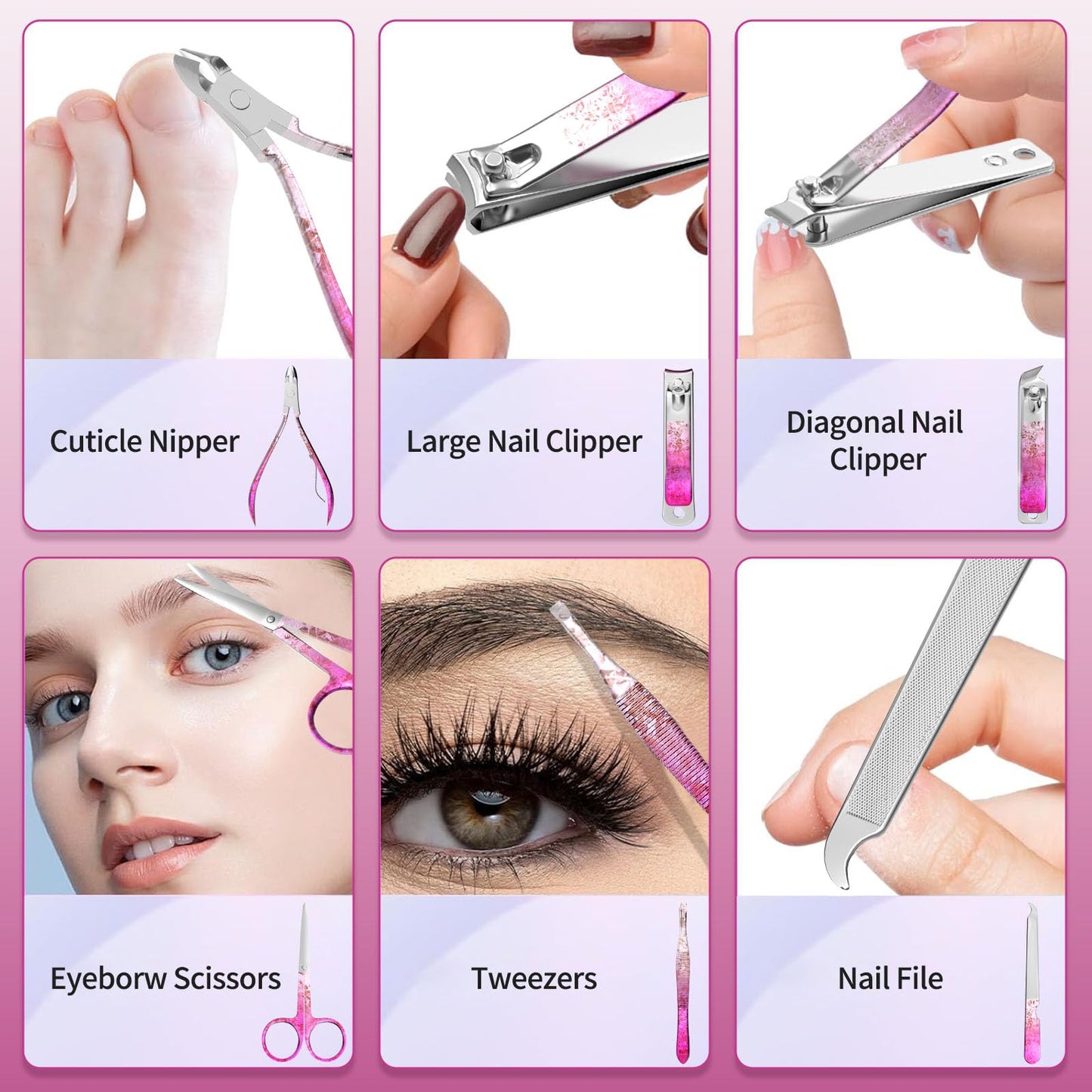 OFIDUS Nail Clippers Set Fingernail and Toenail Clipper Cutters, Professional Manicure Pedicure Kit 18Pcs, Nail Care Grooming Tools with Luxurious Travel Case (Diamond Rose)