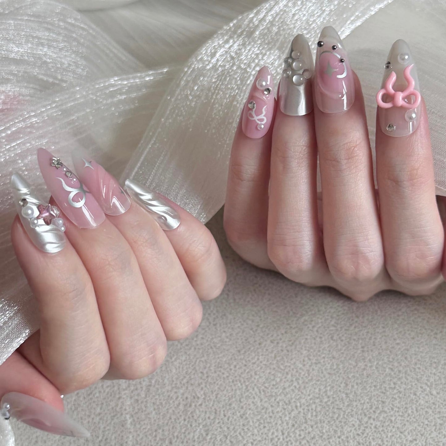 24 Pcs Y2K 3D Press on Nails Almond Shape Pink Fake Nails with Flower Nail Charms 3D Bow Almond Shape False Nail Full Cover