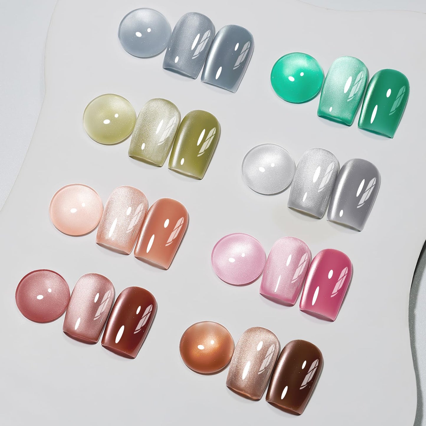 MIZHSE Cat Eye Gel Nail Polish Set: 8 Colors Moonlight Magnetic Gel Polish with Magnet Stick, Glass Holographic Shimmer Gray Brown Pink Colors Glitter Nail Gel Soak Off Nail Art Salon DIY Gift