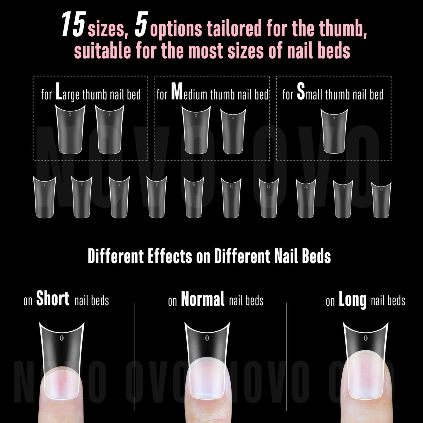 NOVO OVO Halloween Extra Thick Duck Feet Nail Tips Full Cover for Press on Acrylic with Moon Curve, Medim Long Clear Pre-Etched Matte Flare Wide French Soft Gel False Nail Extension x 15 Sizes 150 pcs