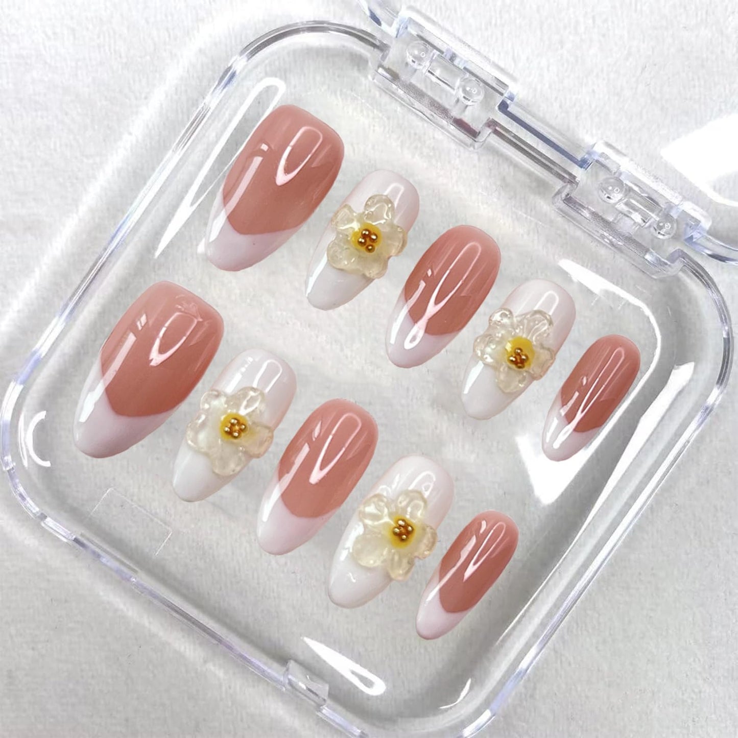 Handmade Press on Nails Medium Almond Fake Nails Press Ons White 3D Luxury Elegant Flower Full Cover Stick on Nails Glue on Nails for Women Girls Manicure (Clear White M)