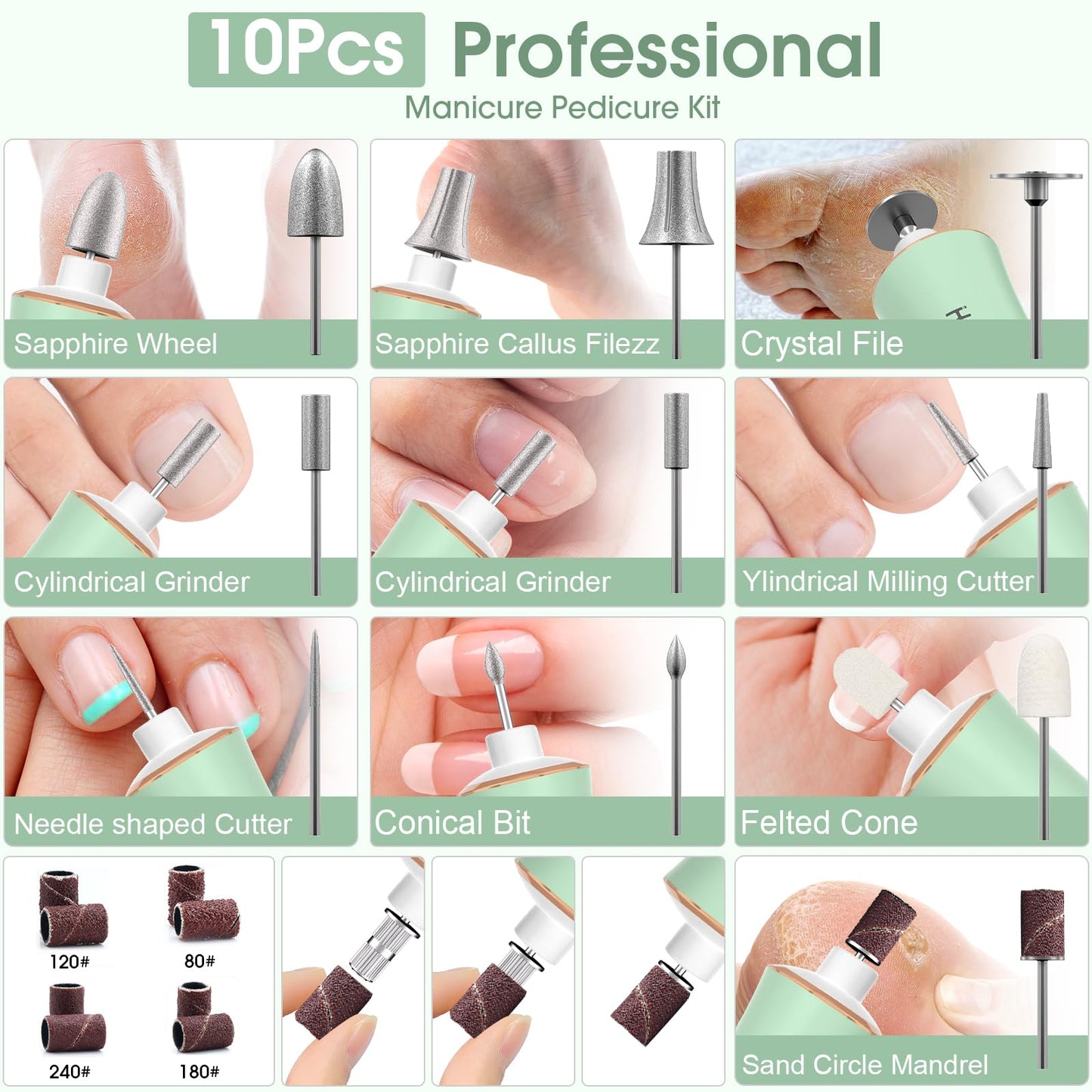Cordless Electric Nail Drill with 360° LED light&10 Speeds, Professional Manicure Pedicure Kit, Rechargeable Pedicure Tools for feet, Hand Foot Care Nail Drill for Thick Nail Toenail Cuticle Women Men