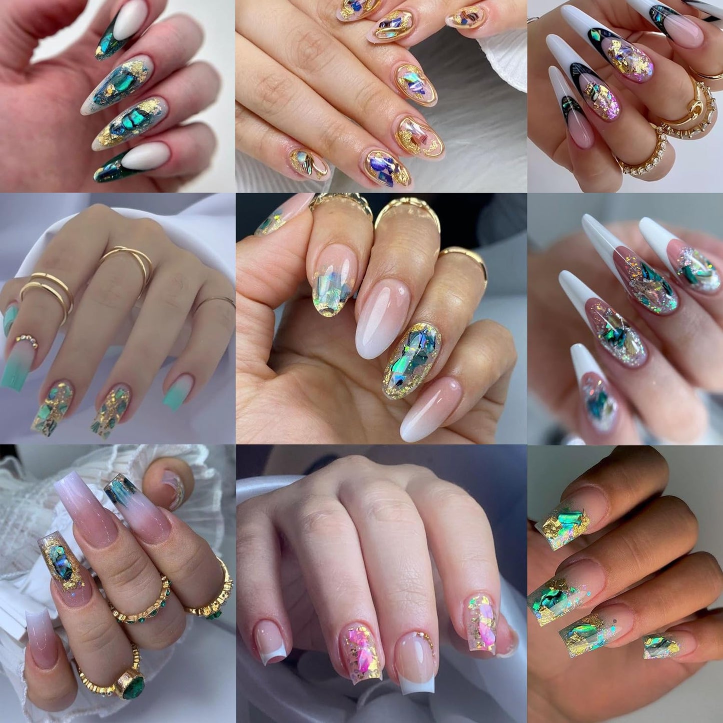 12Grids Nail Art Aurora Abalone Shell Flakes, Shiny Irregular Sea Shell 3D Charms Summer Slices Holographic Nail Art Sequins Natural Sea Shells Nail Glitters Manicure Paillette Tip Decor Accessories
