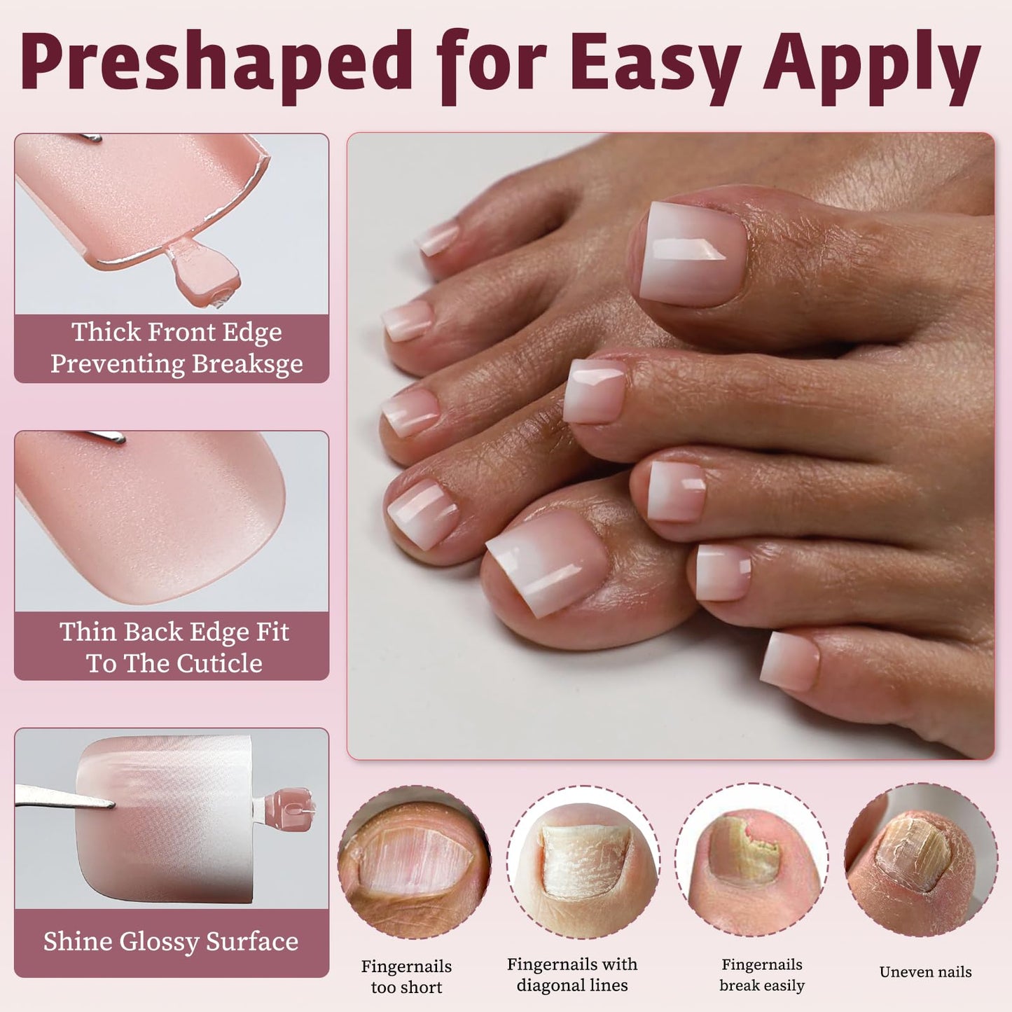 Bellelfin Ombre Press On Toenails For Women with Nail Adhesive Tabs, 150 Pcs Nude Ombre Toe Nail Press Ons, Short Square Toenail Press On, 15 Sizes Full Cover Acrylic Fake Toe Nails