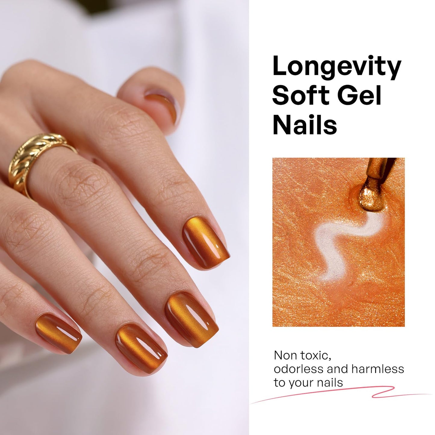 Burnt Orange Cat Eye Press On Nails Short- GJZEZ Amber Yellow Light Brown Soft Gel Square Cateye Glass Fake Nails Press Ons Gifts for Women | 16 Sizes - 32 pcs Reusable Salon Quality Faux Nail, Ginger