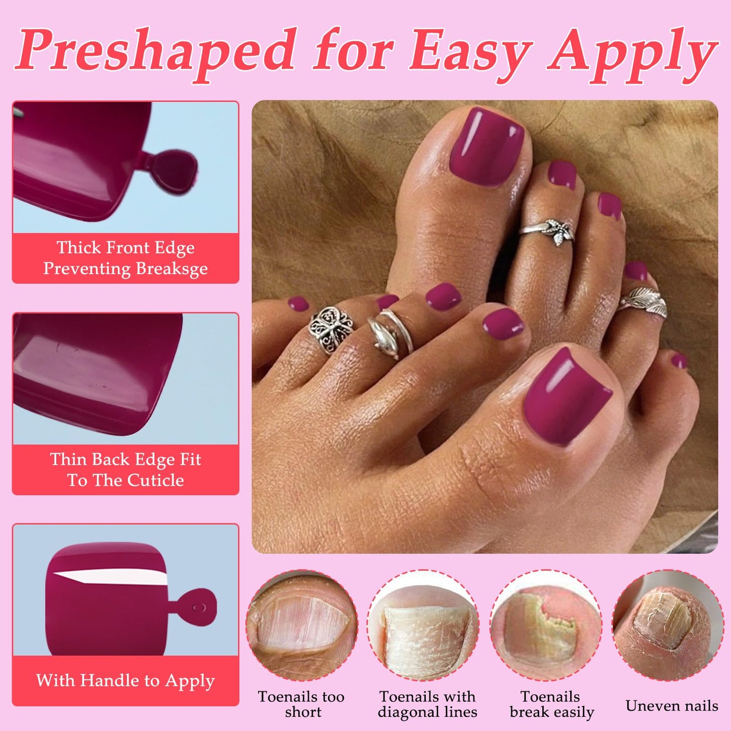 Lifextol 120PC Berry Press on Toenails for Women Fake Toe nail Press ons Acrylic Toe Press on Nails Set, Press on Toe Nails Press on Fake Toenails Press ons Acrylic Toe Nail Tips Kit&Glue Tab-P
