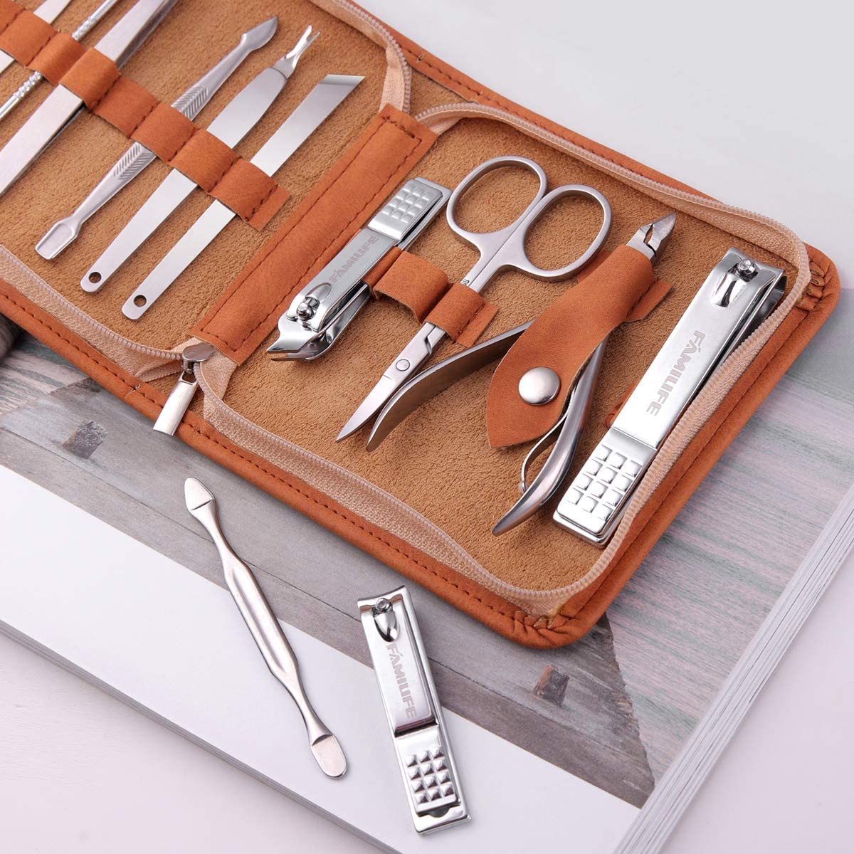 FAMILIFE F03 Manicure Set, Pedicure Kit Nail Clipper Set 13pcs Professional Men Grooming Kit and 11 in 1 Stainless Steel Pedicure Tools Kit Grooming Kit with Portable Brown Leather Travel Case