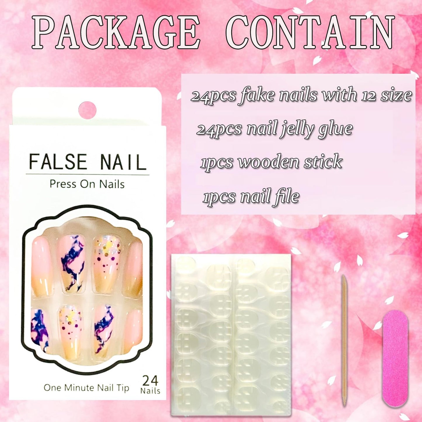 Vezocim Press on Nails Medium Square Shapes 24Pcs Glossy Full Cover Medium Acrylic Pink Square False Nails with Blue Marble Designs Artificial Coffin Fake Nails Glue ons Fingernails for Women