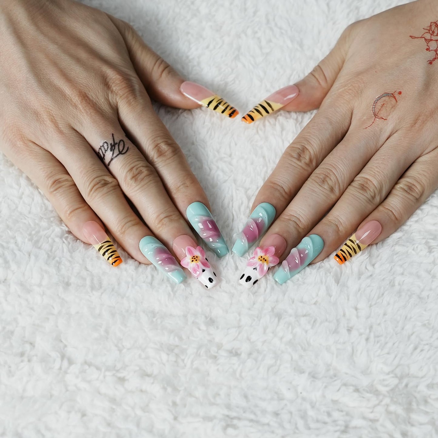 Tesytto Handmade Press on Nails Long Coffin Muti-Layer Gel Fake Nails - 3D Lotus Flowers & Tiger Print, French Tip Glossy Thick Acrylic Nails (Playful Zebra with Lotus,S)