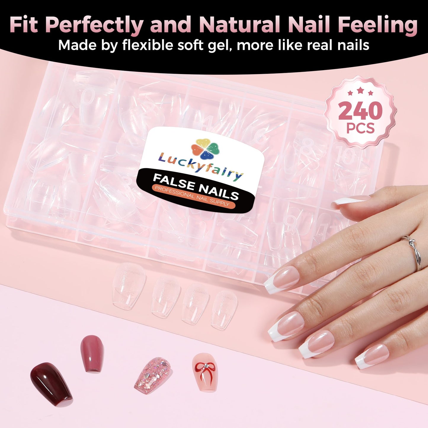 Luckyfairy Short Coffin Fake Nails, 240pcs Soft Gel Pre-Filed Acrylic Short Ballerina Nail Tips, Half Matte Full Cover Clear Press on Flase Nail Tips for Nail Extension Home DIY 12 Sizes Gelly Tips