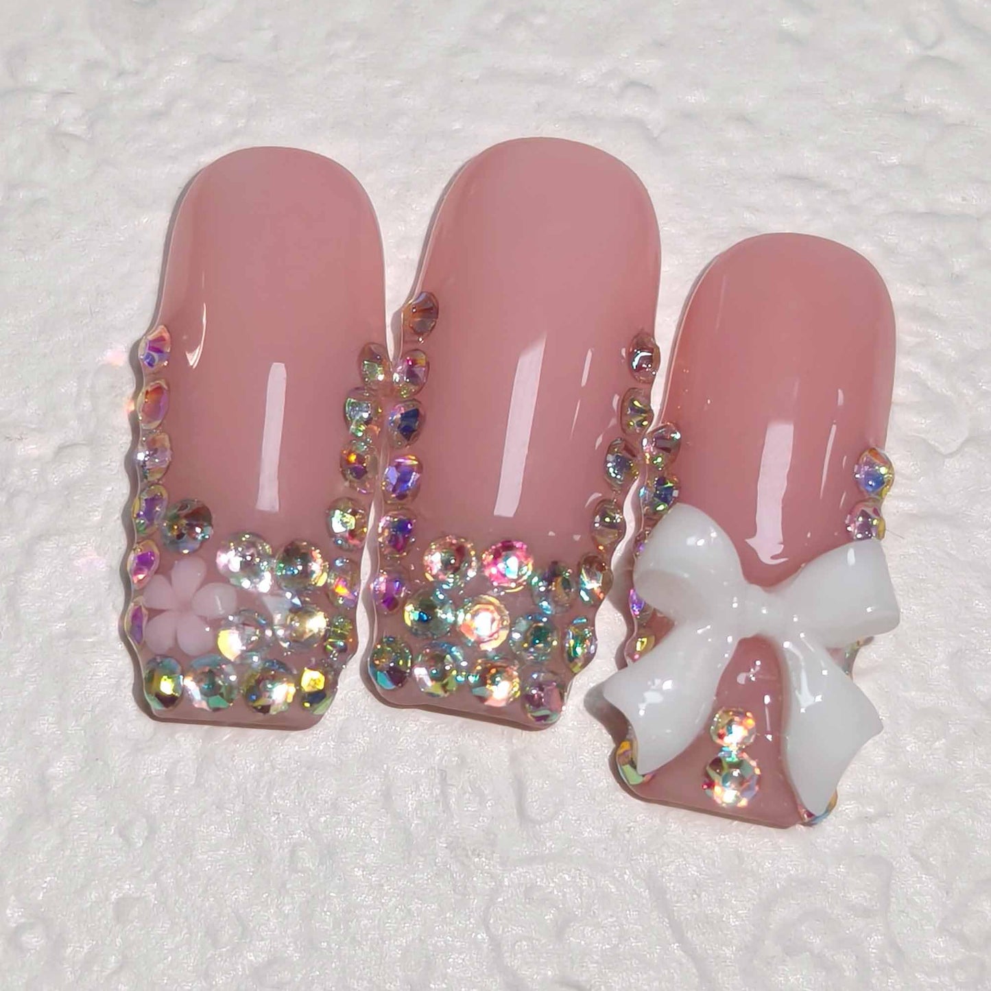 TENPAL Handmade French Tip Press on Nails Medium Coffin 3D Bow Rhinestone Glitter Pink Cute Sweet Girly Reusable Daily Wear Salon Acrylic False Nails 10PCS(M)