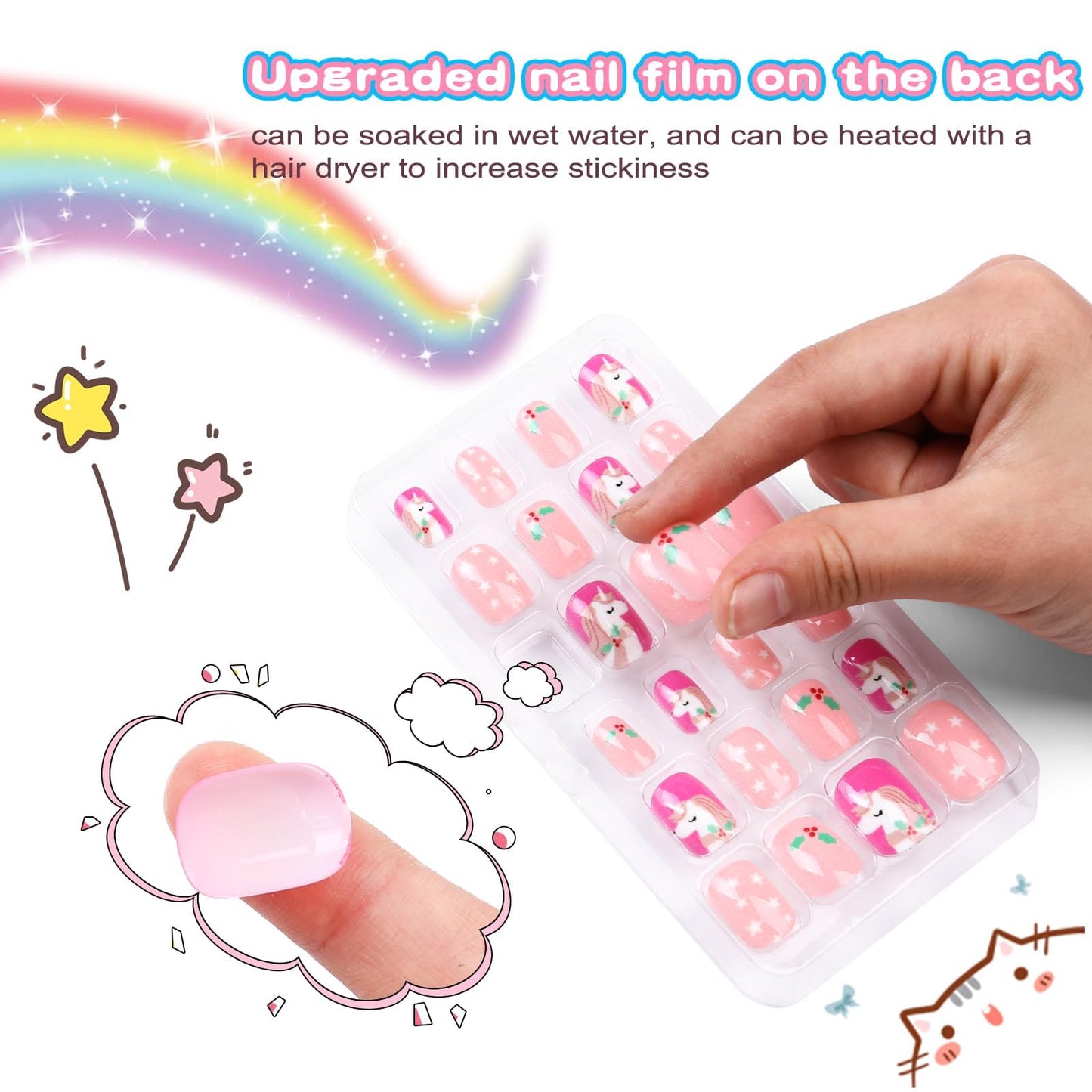 Jsiallye 192Pcs Short Press on Nails for Kids,8 Packs Children Stick on Nails Fake Nails for Kids,Pre-glue Full Cover Pink Flower Animail Nail Tips for 8-12 Year