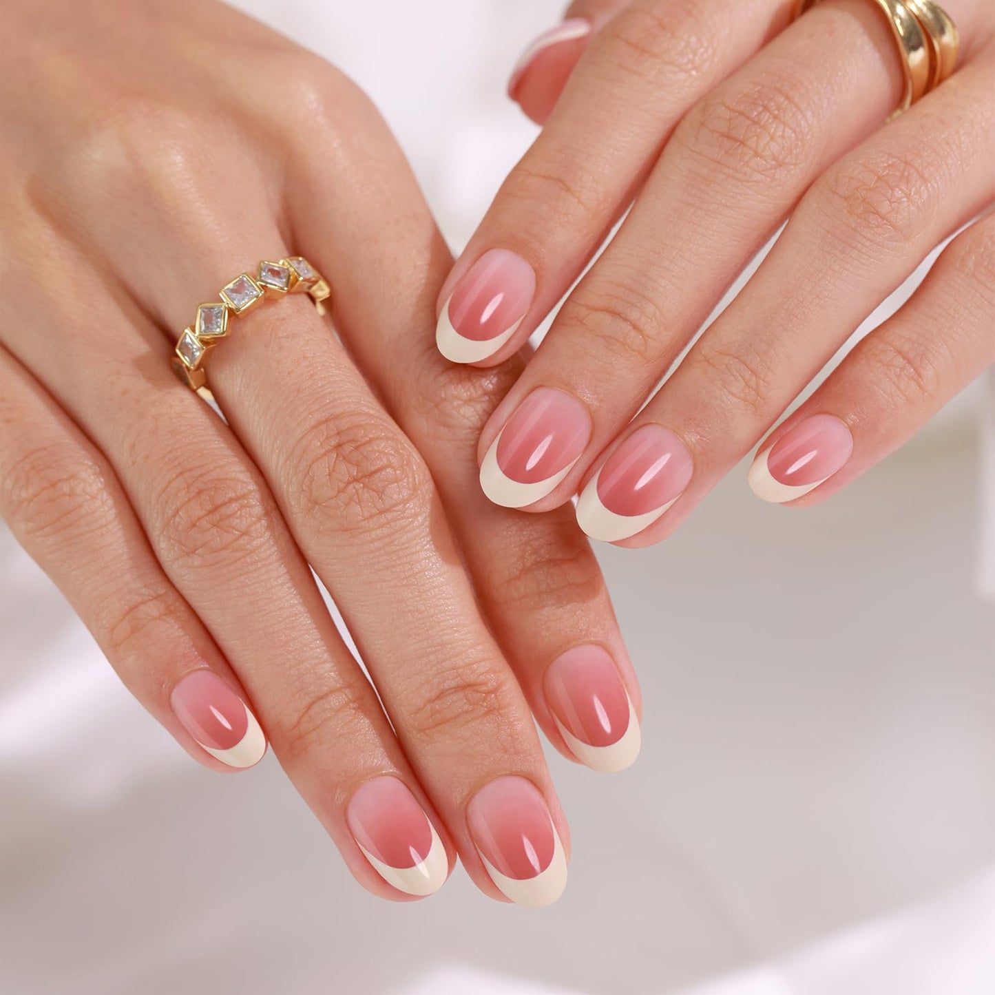 Oval Press on Nails Short - SHANGMENG Off White French Tip Nails in a Pink Ombre Finish for Women Gift, Glue on Nails in 16 Sizes - 32 Reusable Soft Gel Fake Nails Kit with Glue, Ombre French