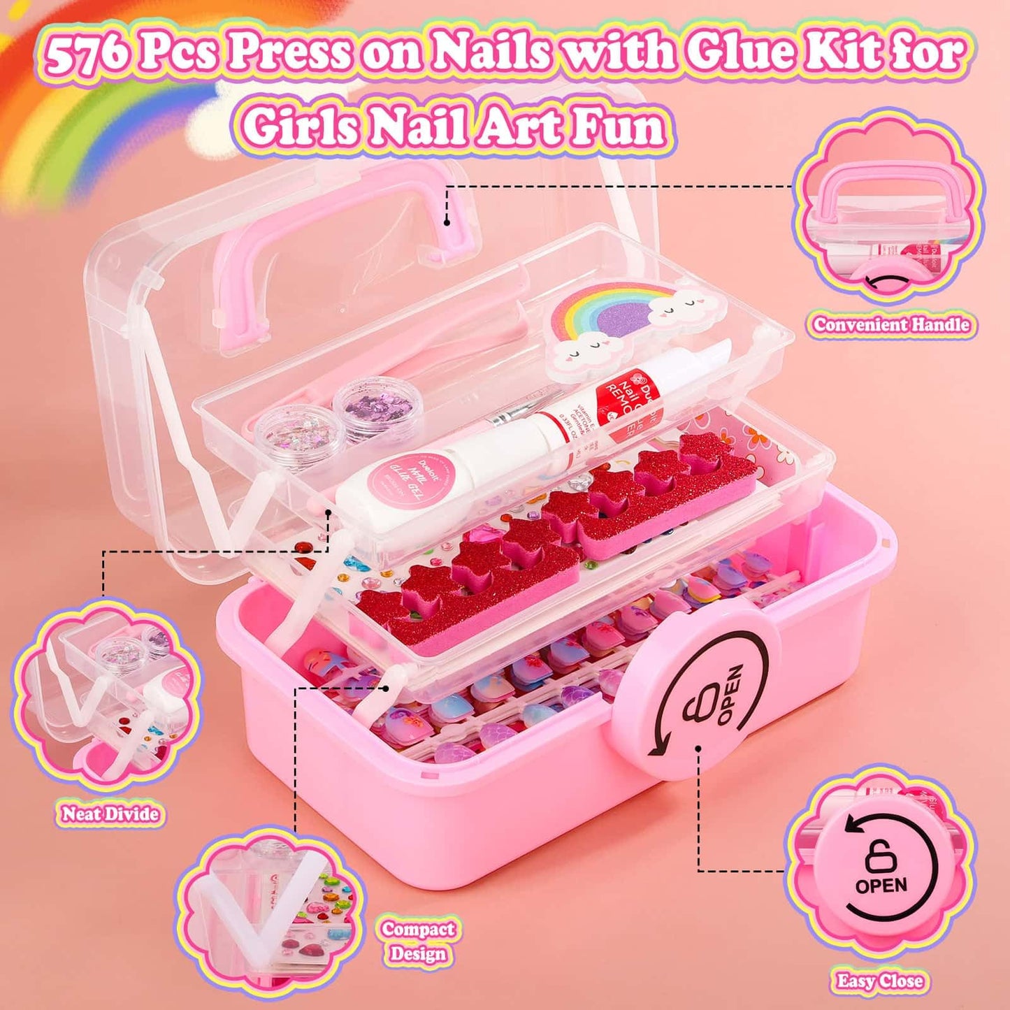 576 Pcs Kids Nails and Glue, Girls Press ons Nail Art Kit with Storage Case, Fake Nails Adhesive, Remover, Rainbow Nail File, Cute Stuff Girls Gift for Kids Age 8-12