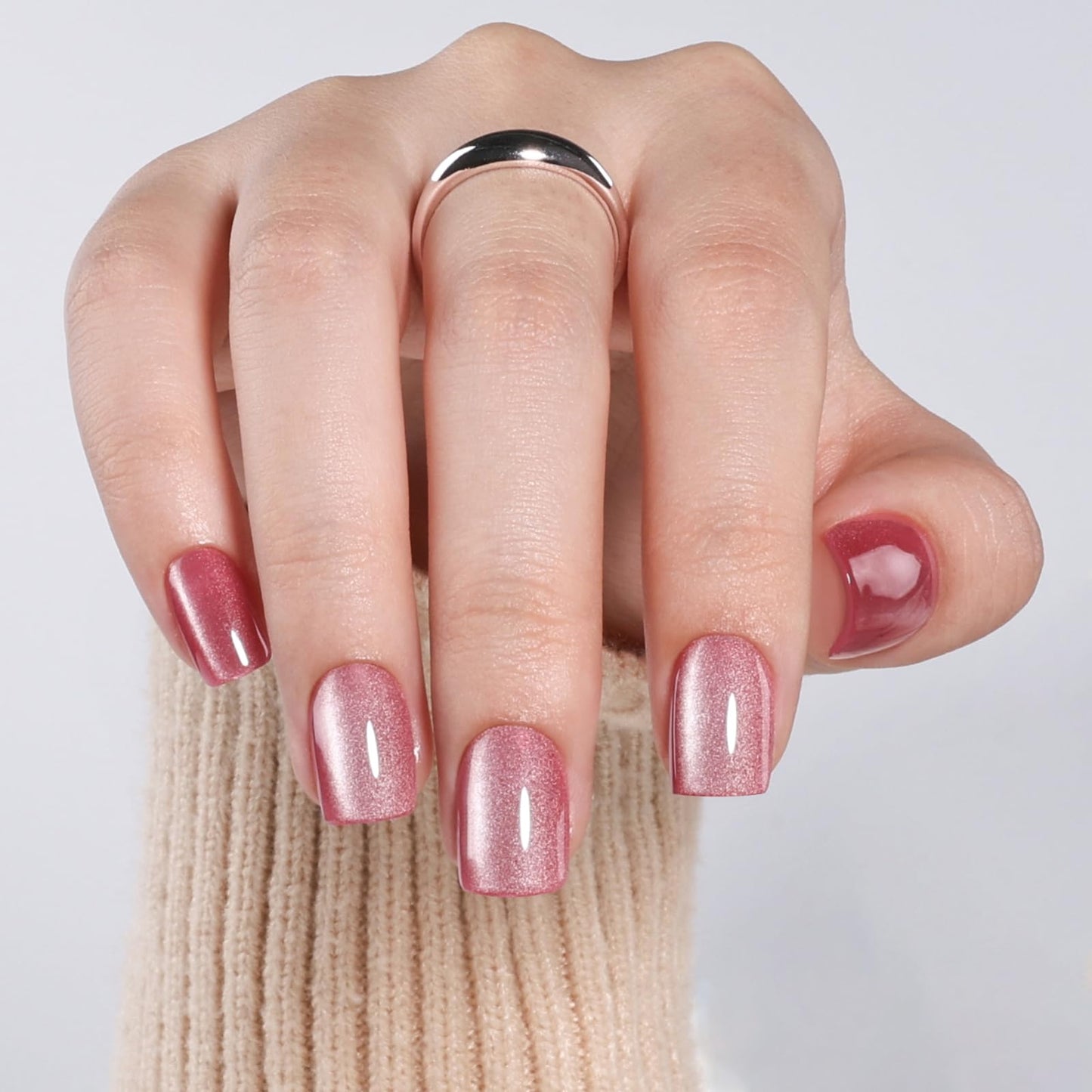 Cat Eye Press On Nails - Rose Pink Press On Nails, Short Square Nails Press Ons for Women Fake Nails with Glue, Glossy Reusable Glue on Nail in 15 Sizes - 30pcs