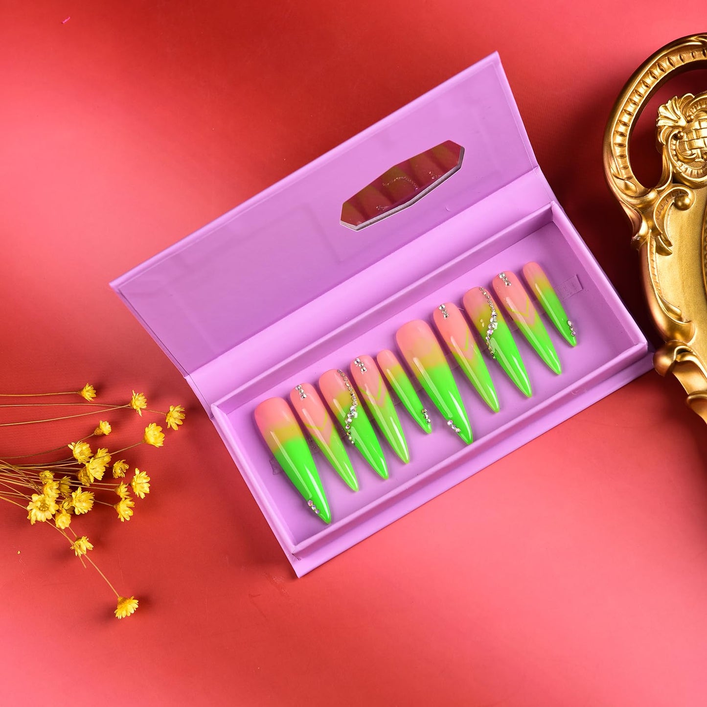 Tmani 10pc/set Extra Long Handmade Press On Nail Hot Girl's Long Ballet Nails Pointed Nail Full of Diamond Glitter Decoration Fake Nails Suitable For Girls Festival Parties and Birthday Gift (120,M)