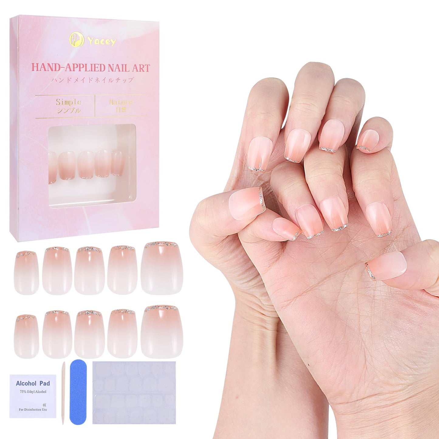 Yacey Handmade Press on Nails Short Square, Reusable False Nails Press Ons, Pink Blush French Tip Thick Acrylic Fake Nails, 3D Artificial Bling Glossy Glue on Nails for Women Girls (10 Pcs, M)