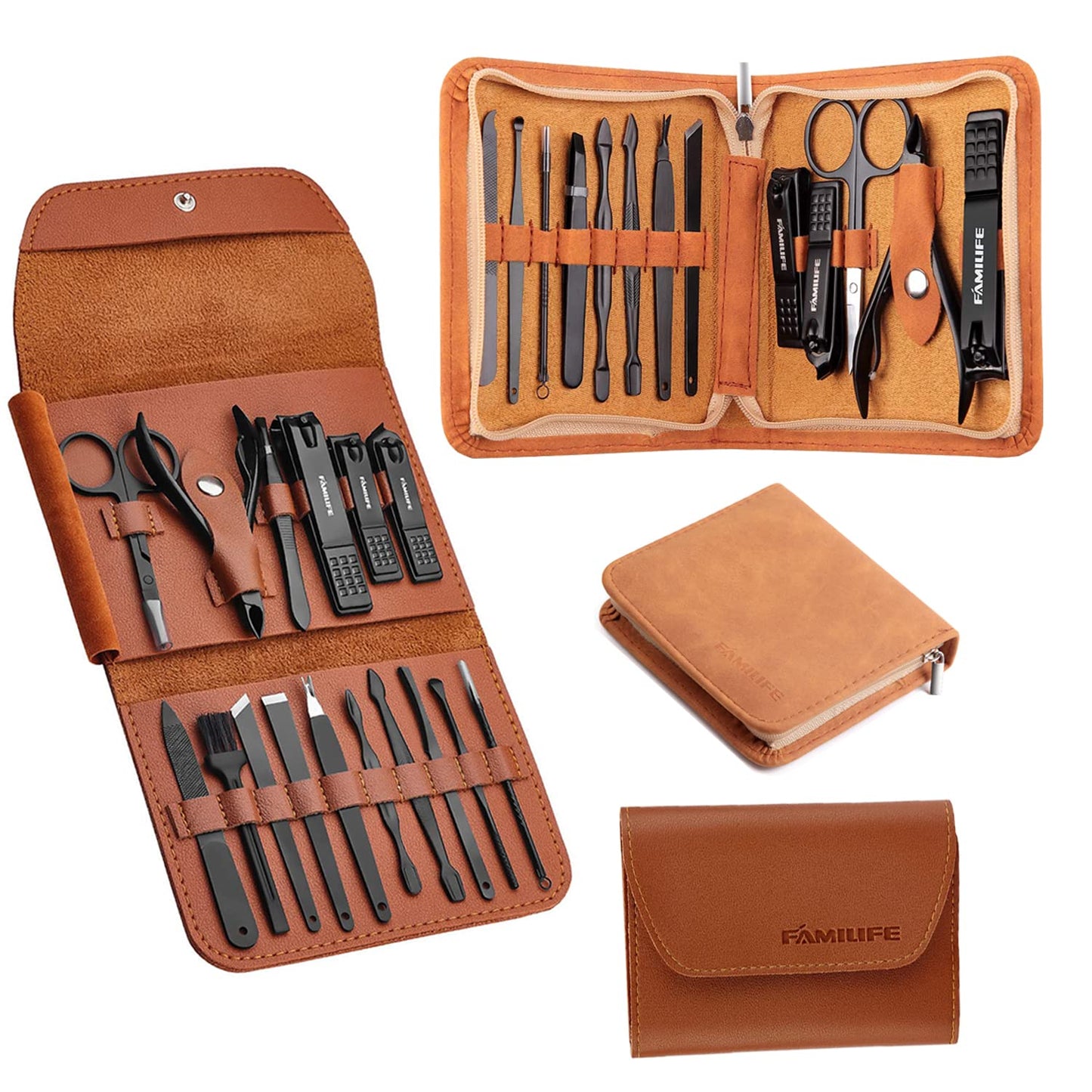 FAMILIFE Manicure Set, Professional Manicure Kit Nail Clippers Set 13pcs Stainless Steel Pedicure Tools Kit Grooming Kit Brown and Gifts for Men 16pcs Nail Clippers Pedicure Kit Manicure Kit Nail Clip