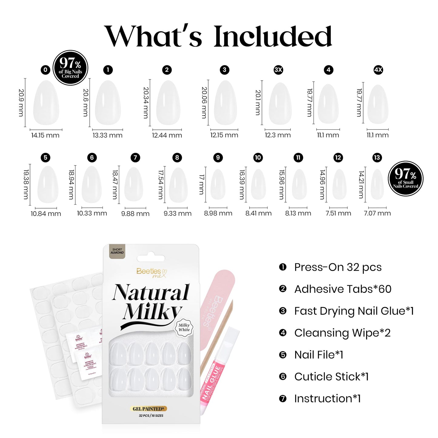 Beetles Milky White Press On Nails Short Almond, Gel Painted Natural White Soft Gel Press Ons, 32Pcs 16 Sizes Reusable Fake Nails Kit with Nail Glue, 60 Adhesive Tabs Gift for Women