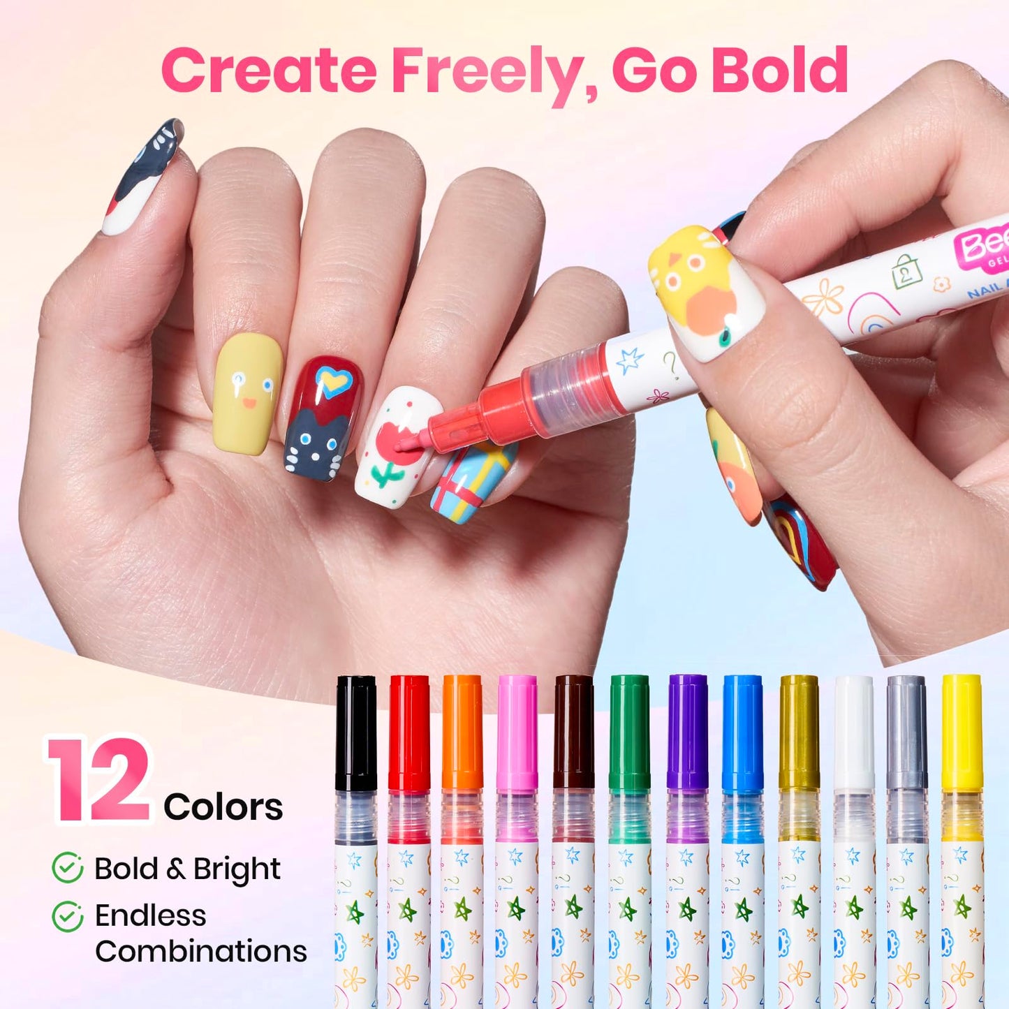 Beetles 12 Colors Nail Art Pens, 0.5mm Fine Line Nail Polish Pens Quick Air Drying Acrylic Paint Markers for Nails Art Design Painting Dotting Liner Brush, DIY Home & Salon Manicure Tools