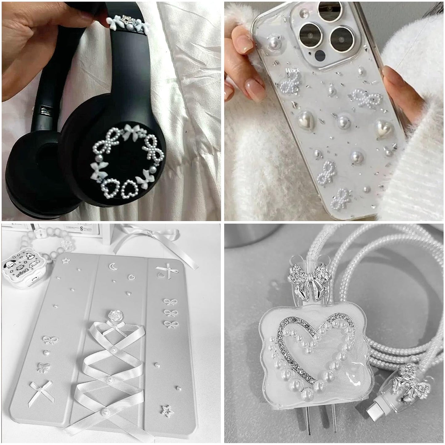 SEMATA White Flatback Nail Art Pearls Charms White Flower Bow Nail Gems Jewelry Mixed Size Nails Pearls Stone Moon Heart Stars Nails Art Accessories Decoration Design for Women