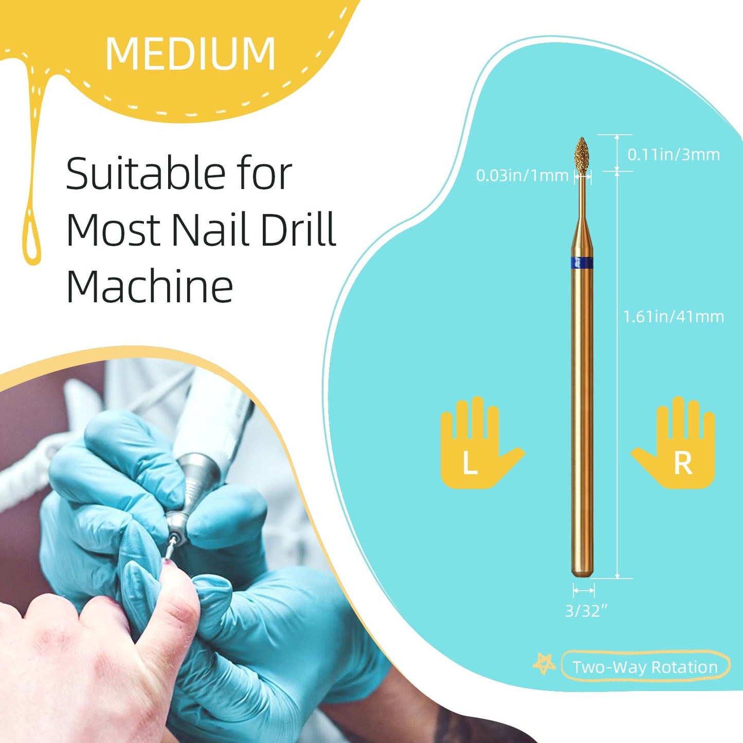 HYTOOS 1mm Mini Flame Cuticle Clean Nail Drill Bit, 5Pcs/Set Titanium Russian Diamond Nail Bits Professional Safety Under Nail Cleaner Burr for Cuticle Dead Skin, Electric Drill Accessories, Medium