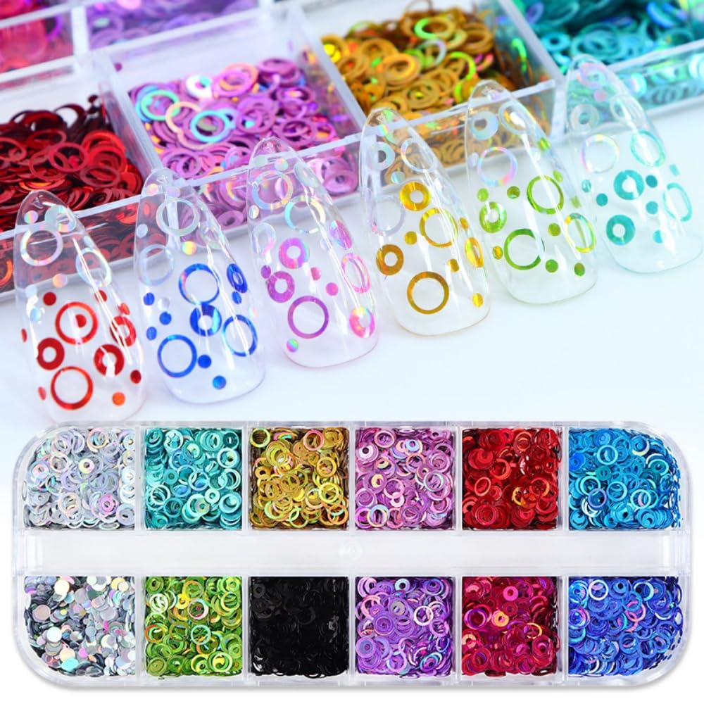 1 Box 12 Color Holographic Hollow Circle Nail Glitter Red Purple Nail Sequins 3D Laser Silver Nail Flakes Sparkly Powder Flakes Shiny Nail Glitter Colorful Nail Sequins Glitter for Nails Art 12 Grids
