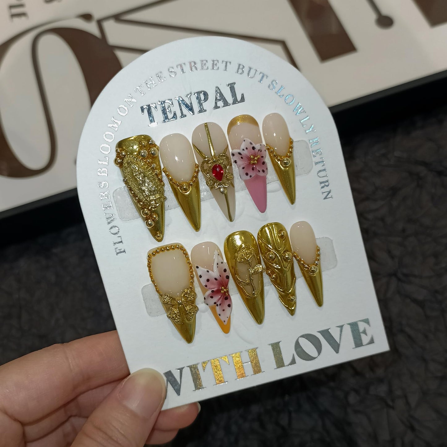 TENPAL Long Stiletto Press on Nails - Gold Baroque with 3D Rose & Saint Charms | Reusable & Icy False Nails | Royal Gala Style for Grand Events(L)