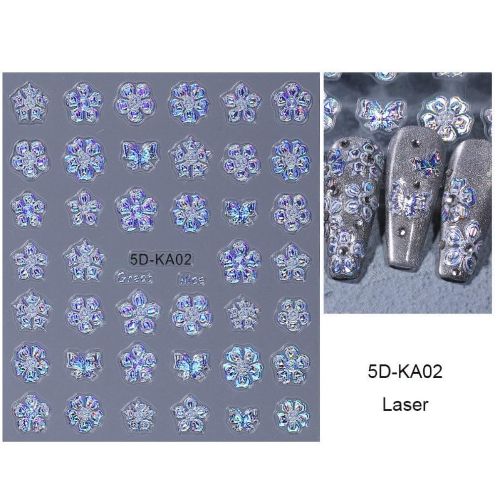 2 Sheets 5D Embossed Gold Nail Stickers 3D Self-Adhesive Golden Flower Nail Supplies Daisy Nails Designs Laser Blue Floral Aurora Hibiscus Nails Decals for Women Girls DIY Manicure