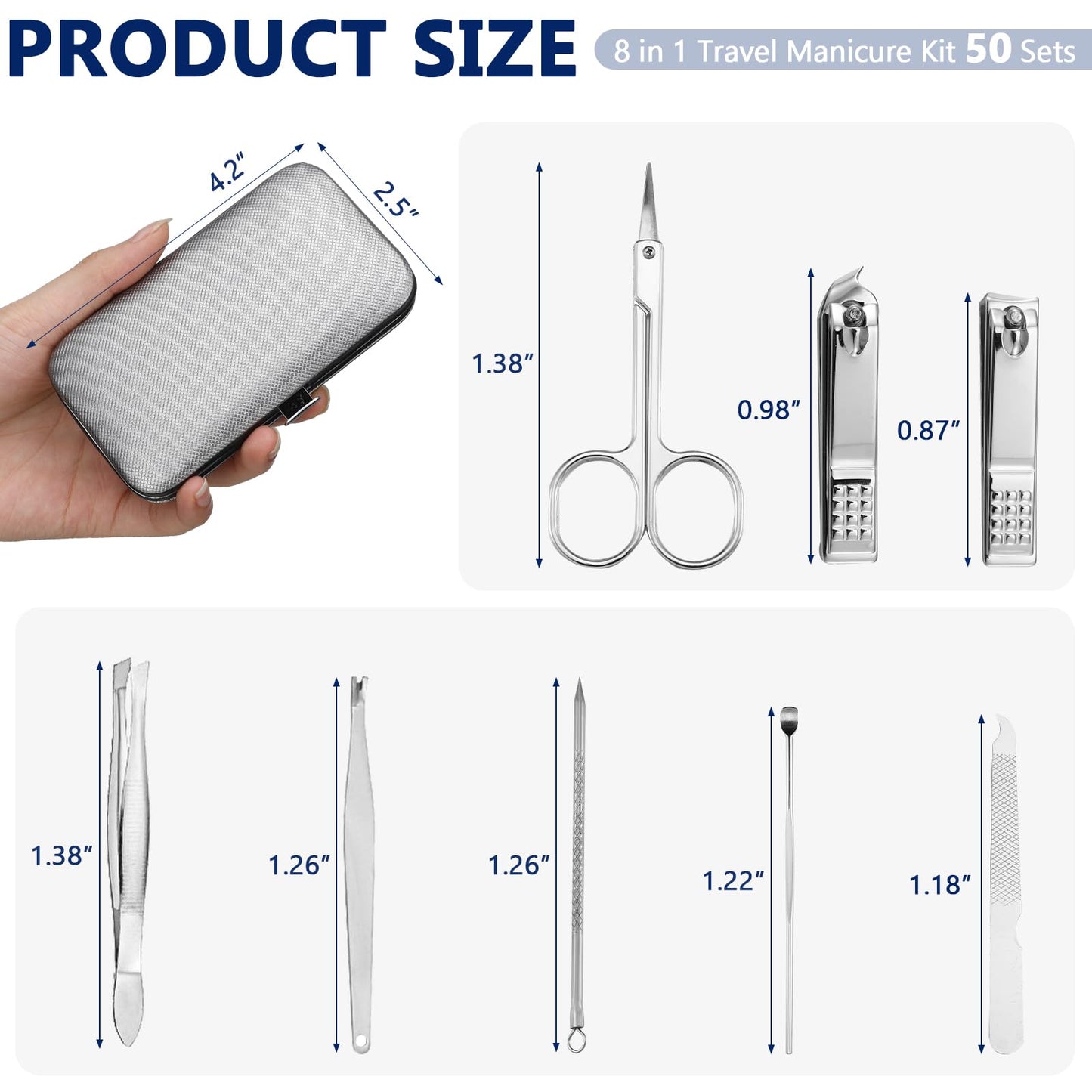 Geosar 50 Set 8 in 1 Travel Manicure Kit Bulk Professional Nail Clippers Pedicure Nail Care Tools Grooming Stainless Steel Set with Portable Travel Case, Gift for Valentine Men Women(Sliver)