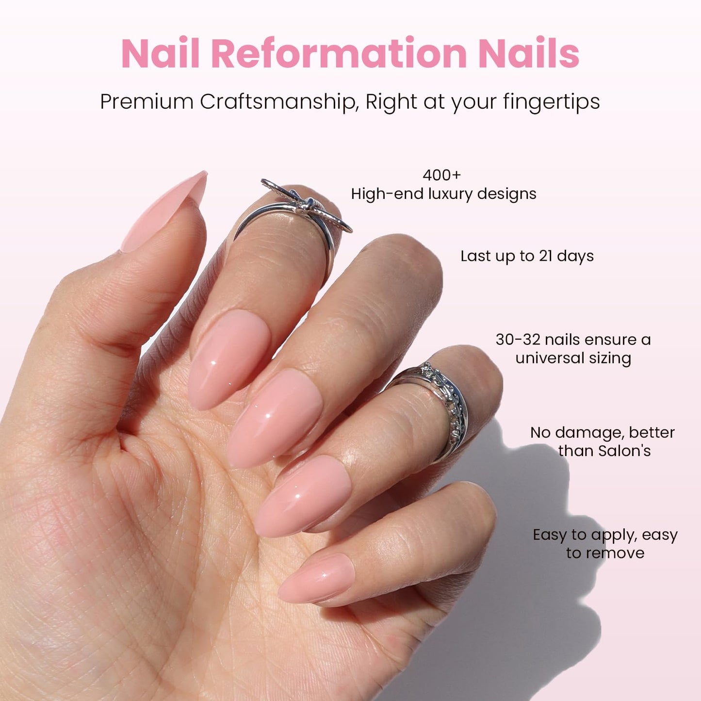Nail Reformation Press On Nails, Baby Blush | Soft Pink Short Almond Fake Nails in Glossy Finish, Salon Quality, Natural Reusable Stick On Nails in 16 Sizes - 32 Nail Kit with Glue, Gifts for Women
