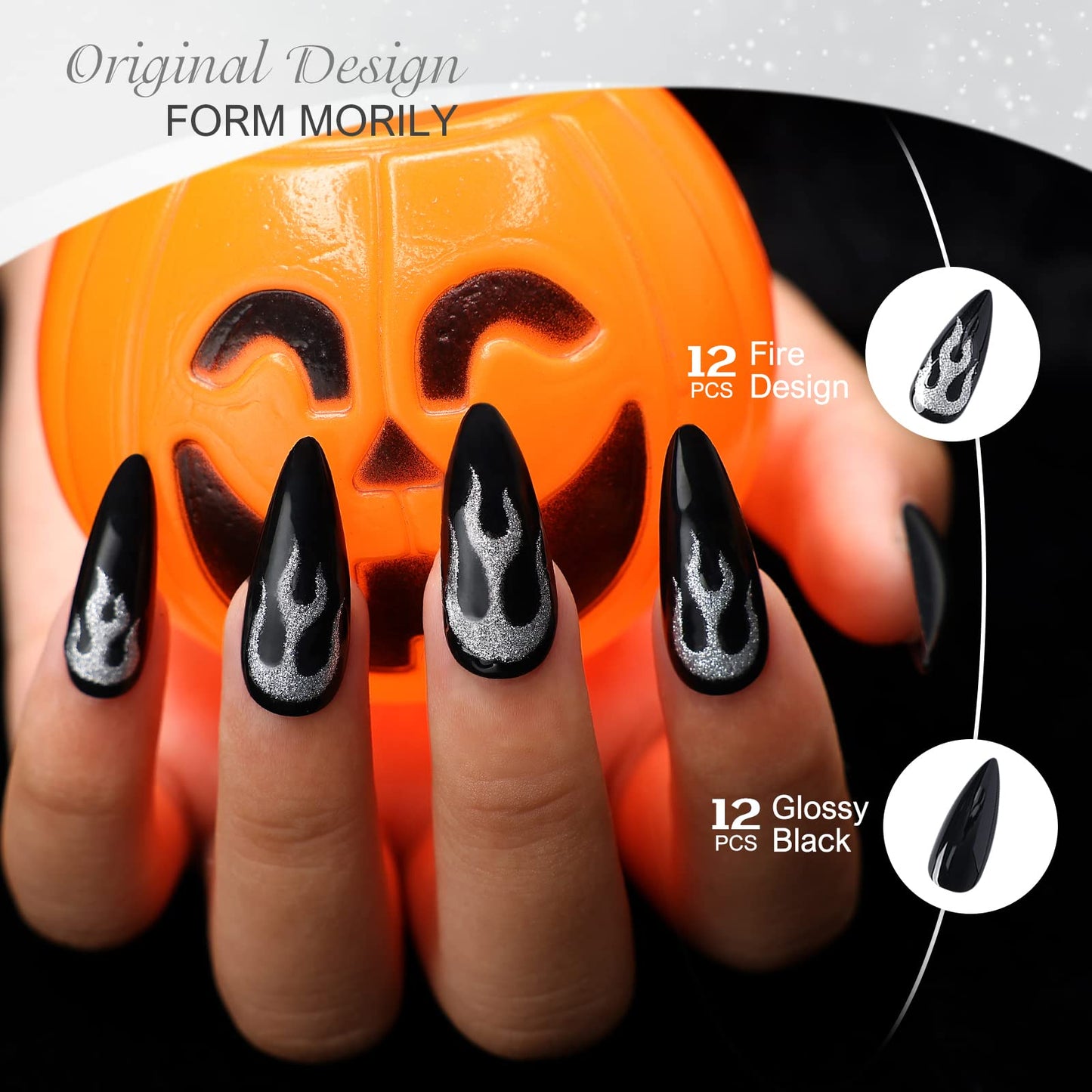 Morily Press-On Nails Bundle | Black Stiletto Matte & Black Stiletto Flame | 24Pcs Each Set, Medium Length Long False Fake Nails