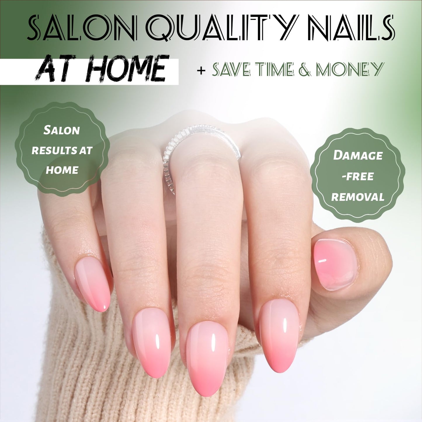 Pink Ombre Press On Nails Almond - Short Almond Fake Nails with Nail Glue, Pink Press On Nails Opaque Reusable Stick On Nails in 16 Sizes - 32 Nail Kit for Women & Girls | Salon Quality