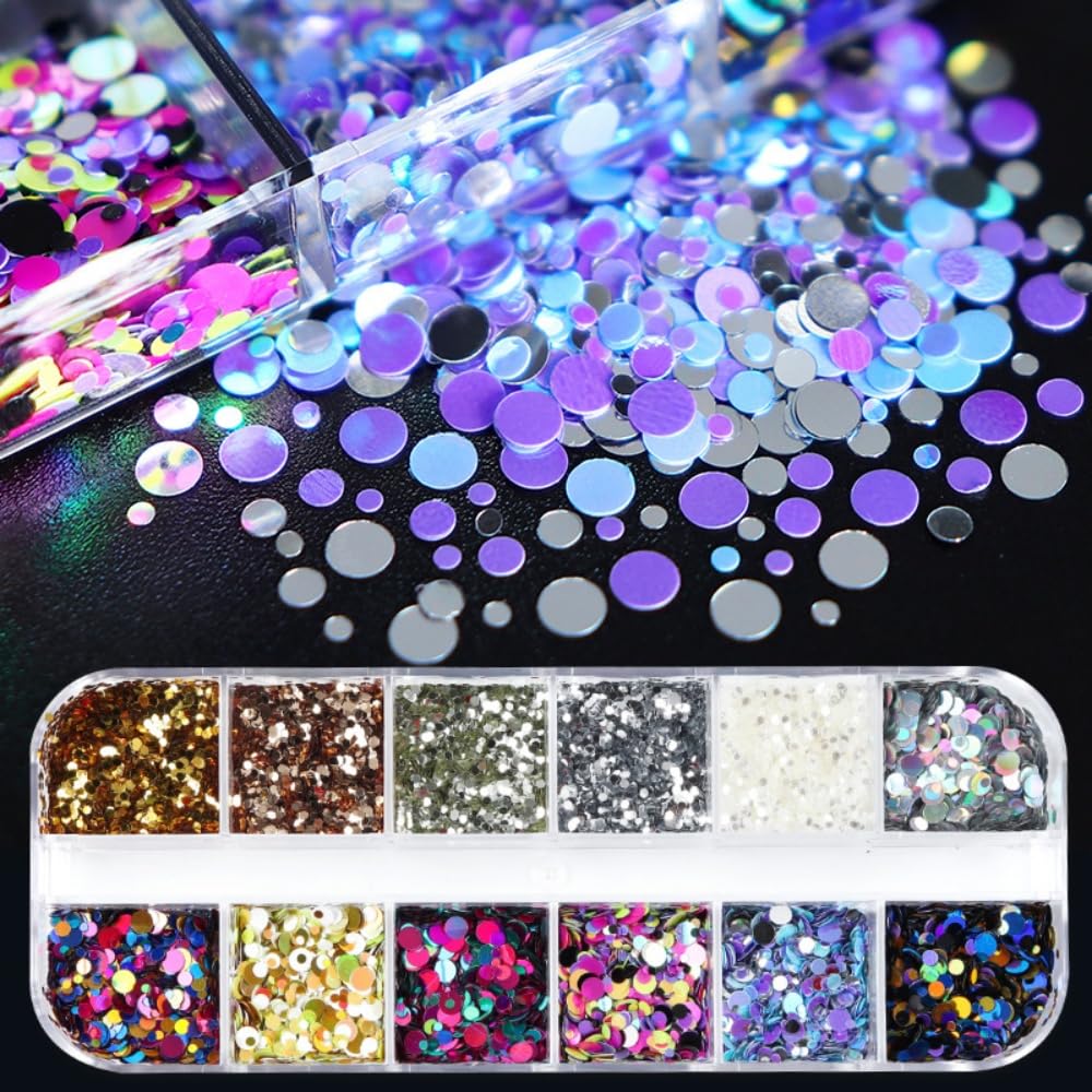 1 Box 12 Color Holographic Circle Nail Glitter Rings Nail Sequins 3D Silver Gold Nail Flakes Sparkly Glitter Flakes Shiny Nail Glitter Colorful Nail Sequins Glitter for Nails Art 12 Grids