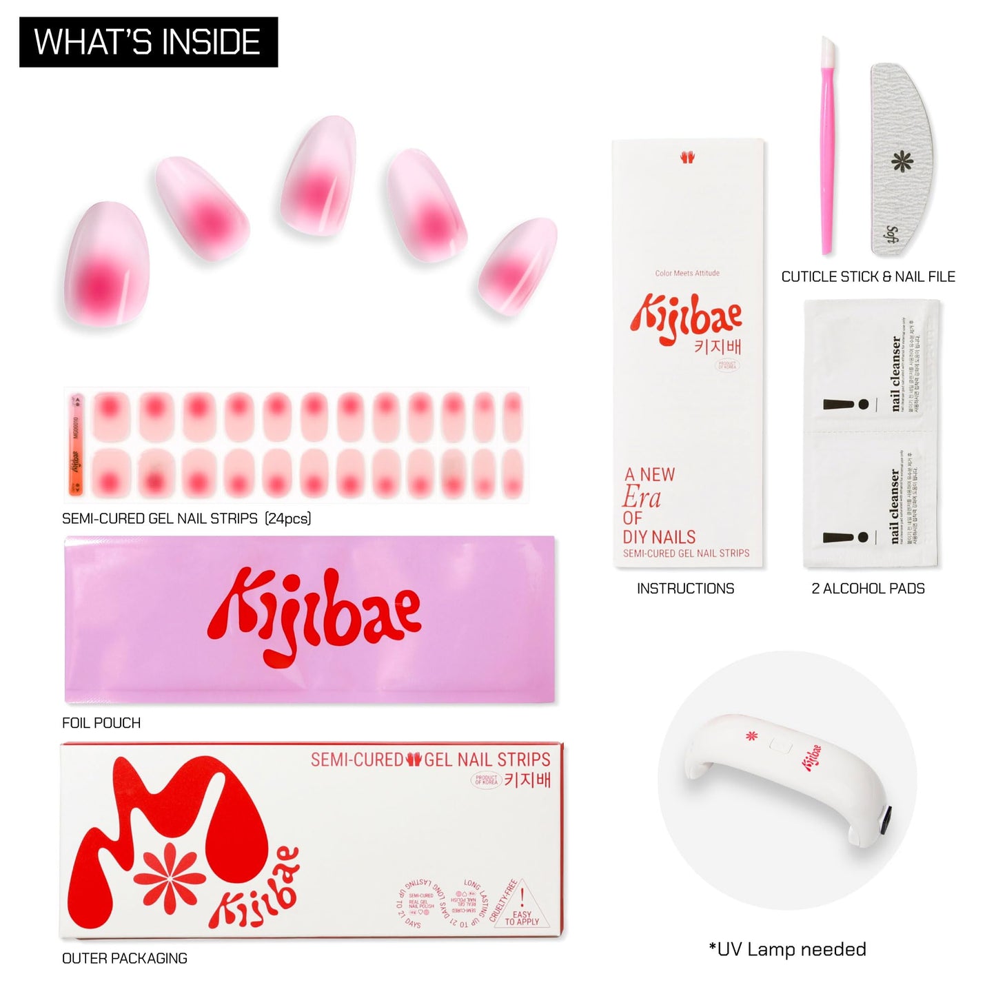 Kijibae Semi Cured Gel Polish Strips | 24pc UV LED Required Wraps | Gift Peel and Stick Nails | Coquette DIY Home Manicure | Press On Alternative (Champagne Blush)