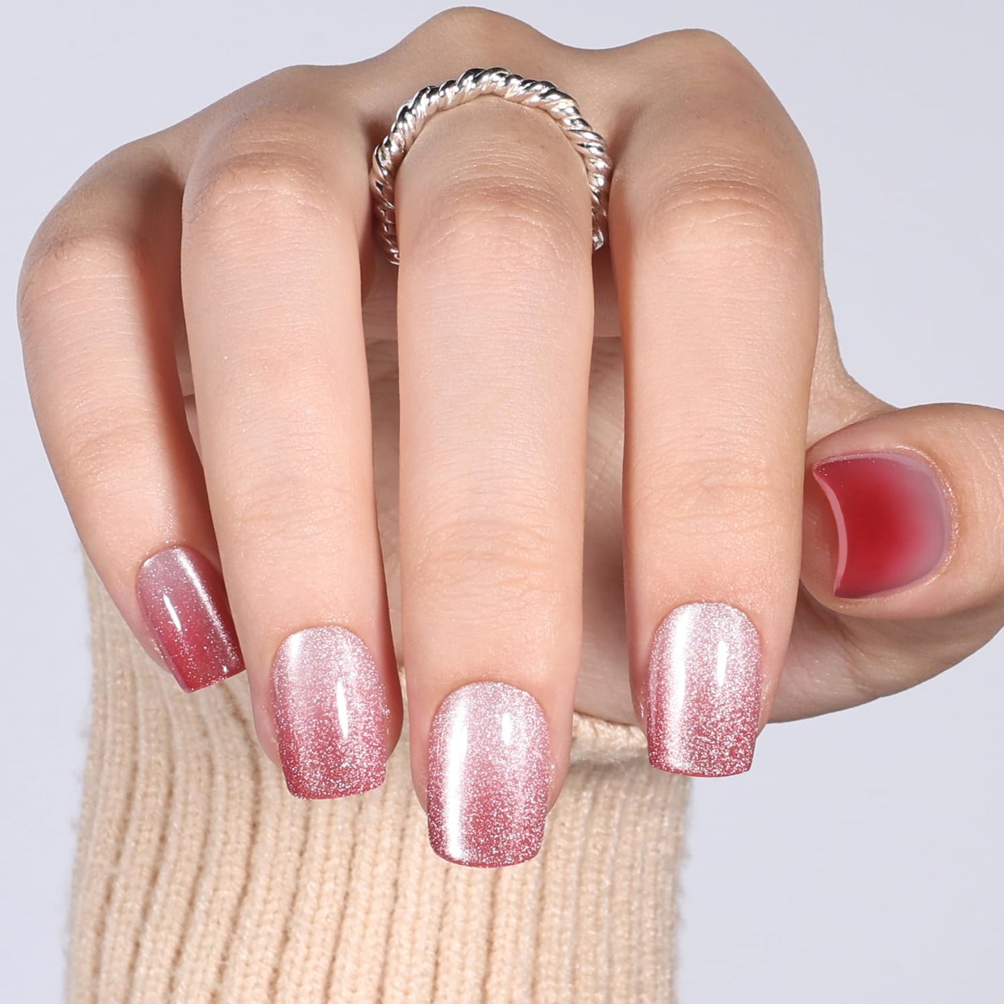 Red Cat Eye Press On Nails Square - Ombre Pink Short Square Fake Nails, Red Cateye Press On Nails Reusable Stick On Nails in 15 Sizes, 30pcs False Nail Kit for Women & Girls (Blush Tides)