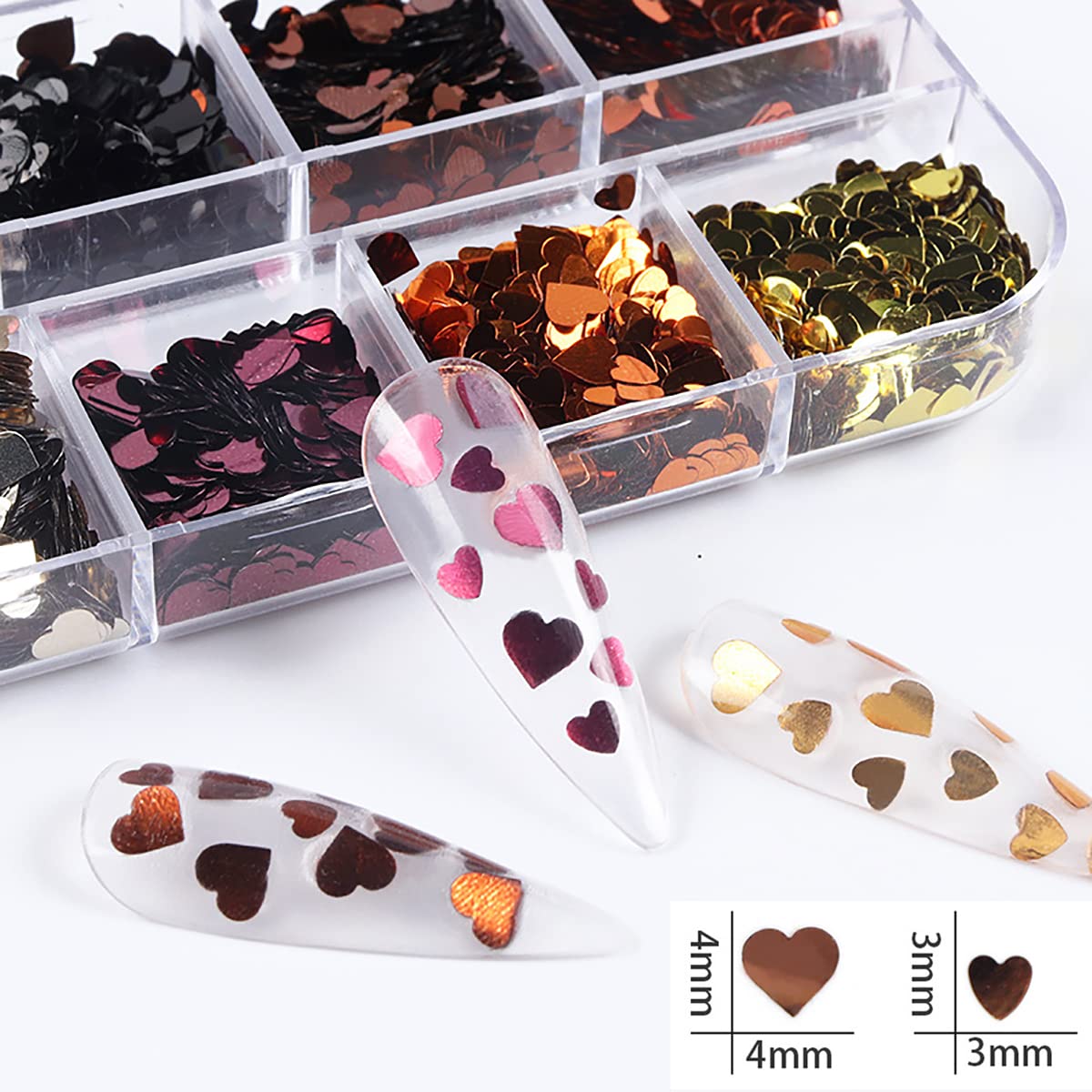 12 Grids 3D Heart Nail Art Stickers - Holographic Laser Nail Glitter Sequins Love Decals for Valentine's - Gold, Red, Black, Silver Glitter Flakes for Nail Art Decoration