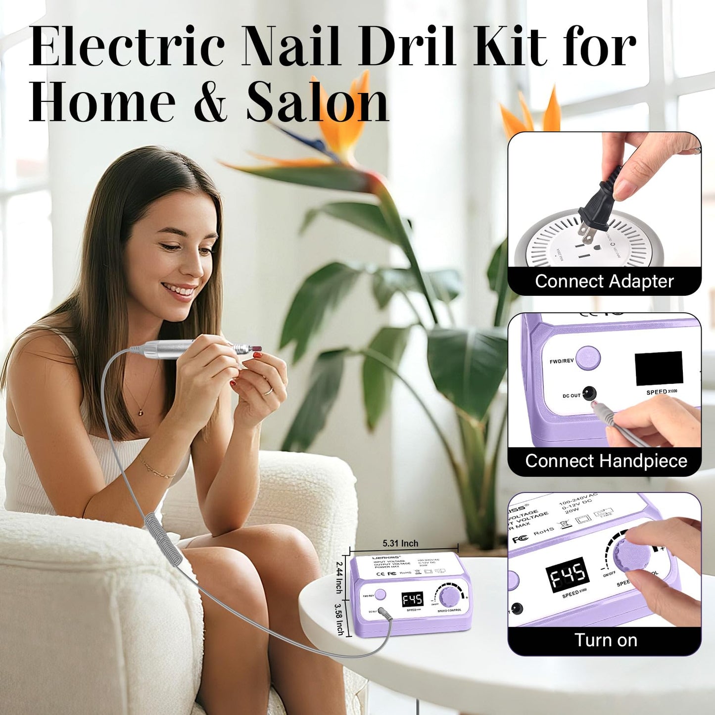 LIERKISS Nail Drill 45000RPM Electric Nail File Drill Nails Machine - Professional Nails Drill with Sanding Bands and Nail Drill Bits for Acrylic, Gel Nail Manicure & Pedicure, Palepurple