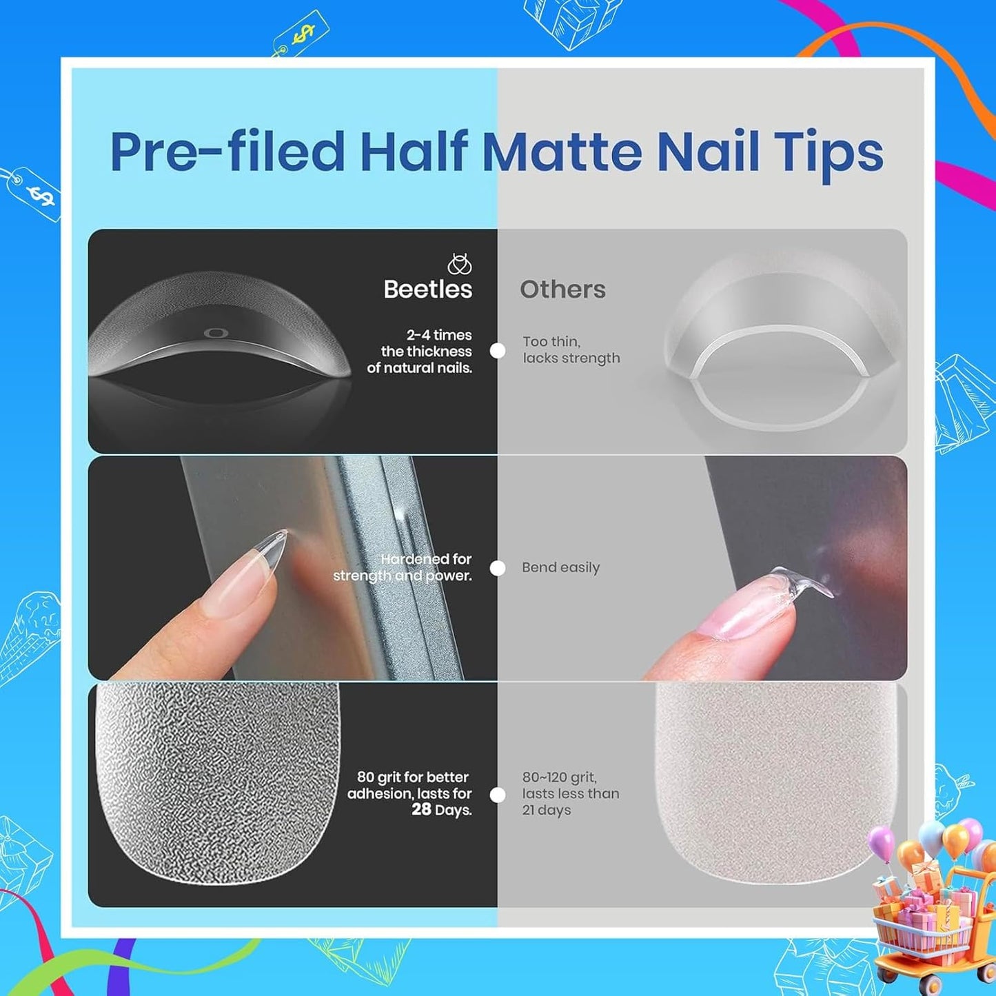 Beetles Gel Nail Kit Etch-X, Almond Short, 504pcs 12 Sizes Nail tips, with 9 in 1 Nail Glue Mini LED Light, Acrylic Half Matte Tips Press On Nail, Extension DIY Set at Home, Gift for Women & Girls