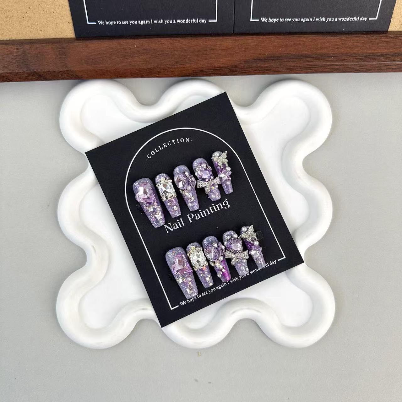 100% 5D Handmade Press on Nails Diamond Long Coffin Nails Press ons Purple Glitter False Nails Rhinestone Silver Butterfly Charms Press on Nails for Women Girls Daily Wear DIY Manicure Size M