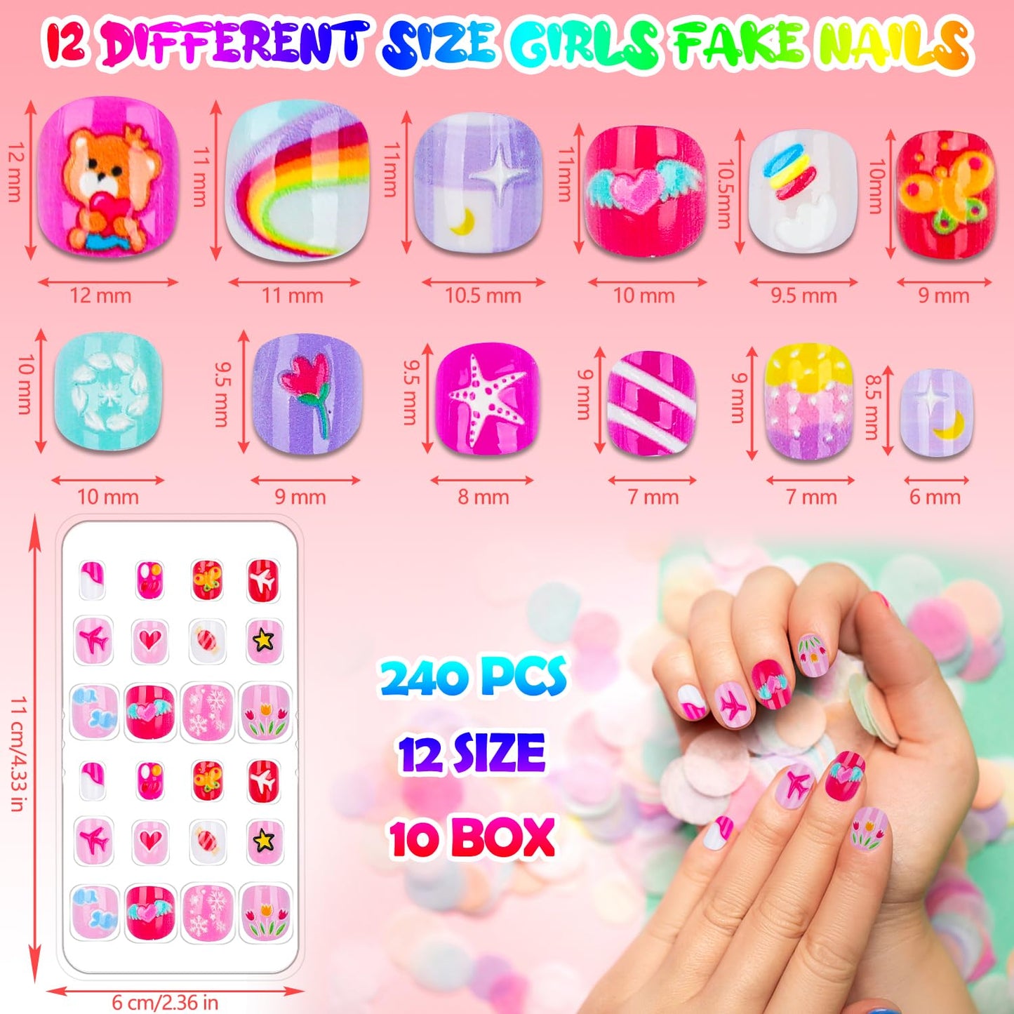 240 Pieces Fake Nails for Kids Girls Artificial Kids Press on Nails Full Cover Short Acrylic Stick On Nails False Nail Tips Kit for Children Little Girls Nail Art Decoration (Rainbow)