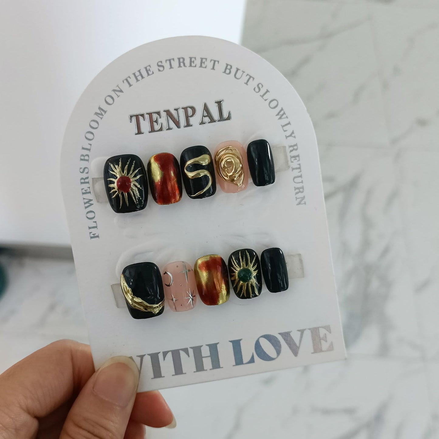 TENPAL Handmade Press on Nails Short Square,Glossy Black Nails with Hand-Painted Space Art (Sun/Moon/Crater) & 3D Serpent, Acrylic Soft Gel Winter Gothic Fake Nails For Women Girls,10pcs(XS)