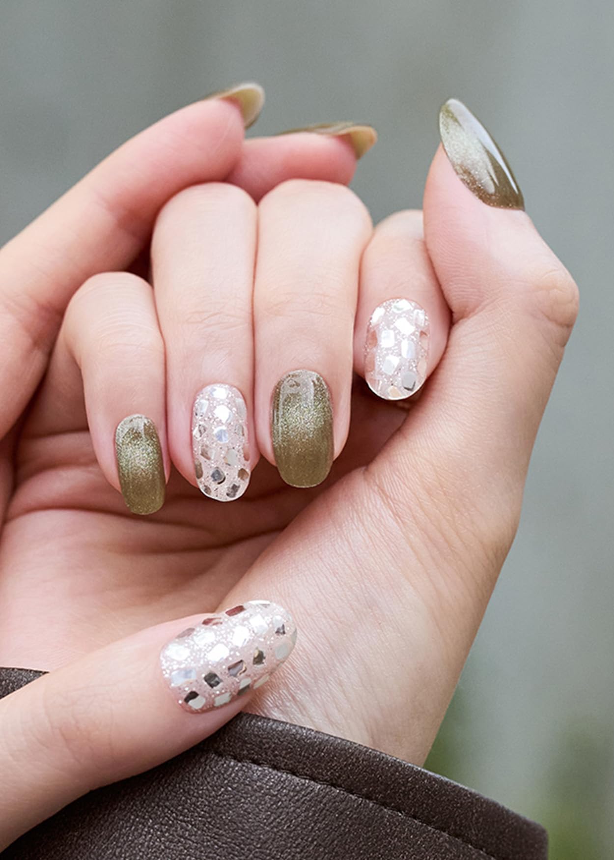 ohora Semi Cured Gel Nail Strips (N Olive Glow) - Works with Any Lamps, Salon-Quality, Long Lasting, Easy to Apply & Remove - Includes 2 Prep Pads, Nail File & Wooden Stick