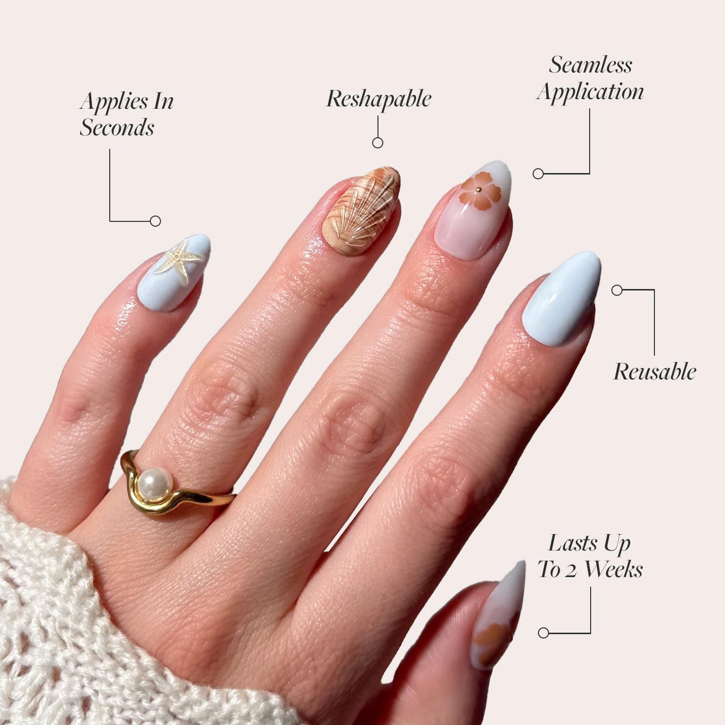 Glamnetic Press-On Nails Bundle - Sea Star & Goal Digger | Short Almond Seashell Fake Nails with 3D Nail Art | Natural Short Round False Nails with Gold Foil | Reusable, Salon-Quality Nail Kits