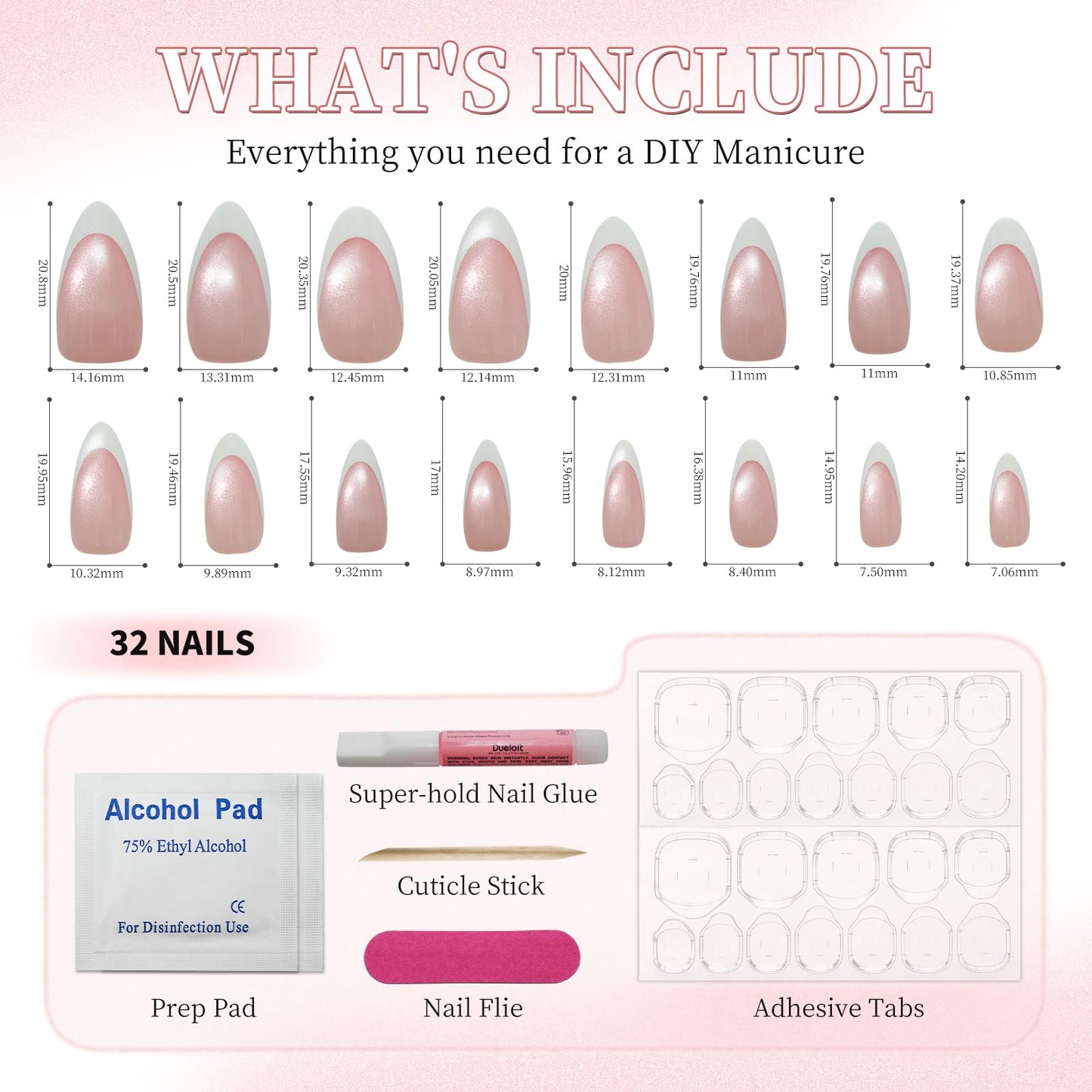 GAWRJ Brown Cat Eye French Press on Nails, Short Almond Shape, White French Tip Glue on Nails, 32 Pieces in 16 Sizes, with Glue Tabs and Nail Tools