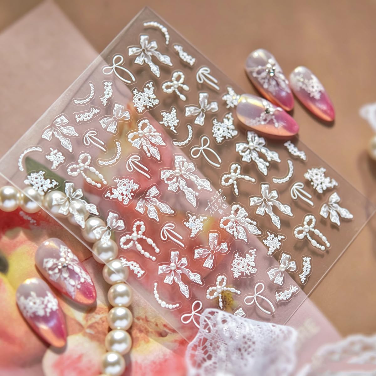 5D Raised Embossed Nail Stickers White Pearl Bow Lace Y2K Nail Art Stickers Self Adhesive Elegant Bridal Wedding Nail Decals for Women Girls DIY Manicure Supplies, 1 Sheet