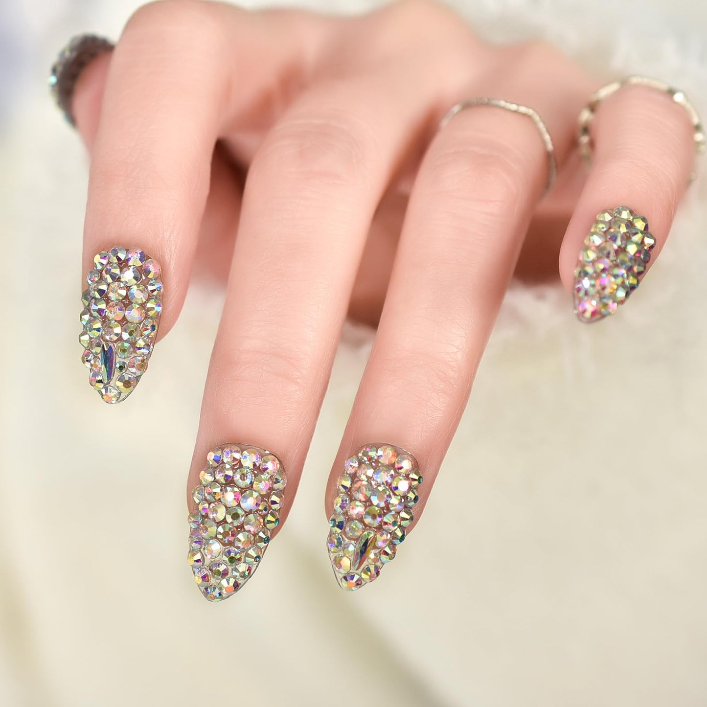 Coolnail Shiny 3D Crystal Rhinestones Press on Nails, Medium Stiletto Holo Diamonds Handmade Tips Kit, Jewelry Gems Full Cover Fake Glue Stick on, Luxe for Party Women & Girl