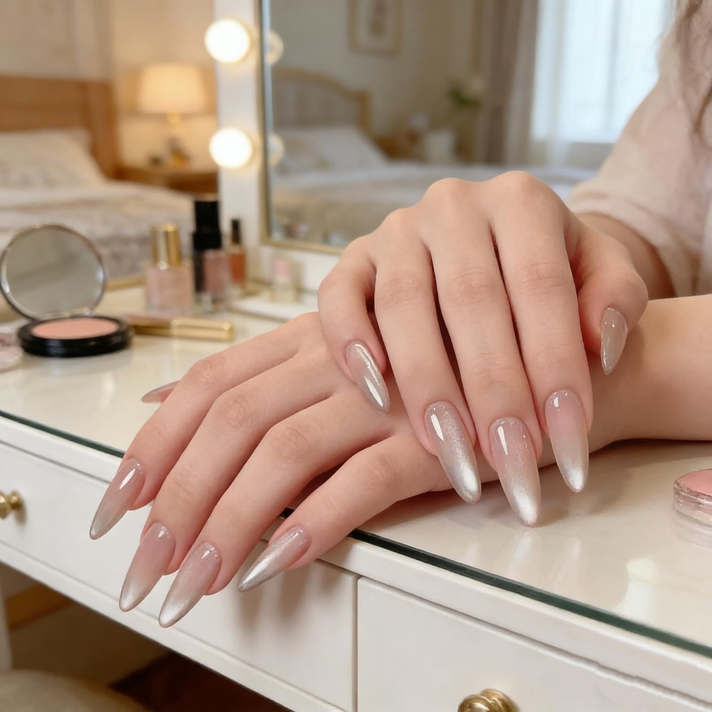 C.Z.Z.T.T.NAILS 30pcs Almond Press On Nails,Semi-Transparent Nude Cat-Eye Style, Medium Long Fake Nails with Jelly Glue for Women,Reusable and Suitable for Holiday Parties or Gifts